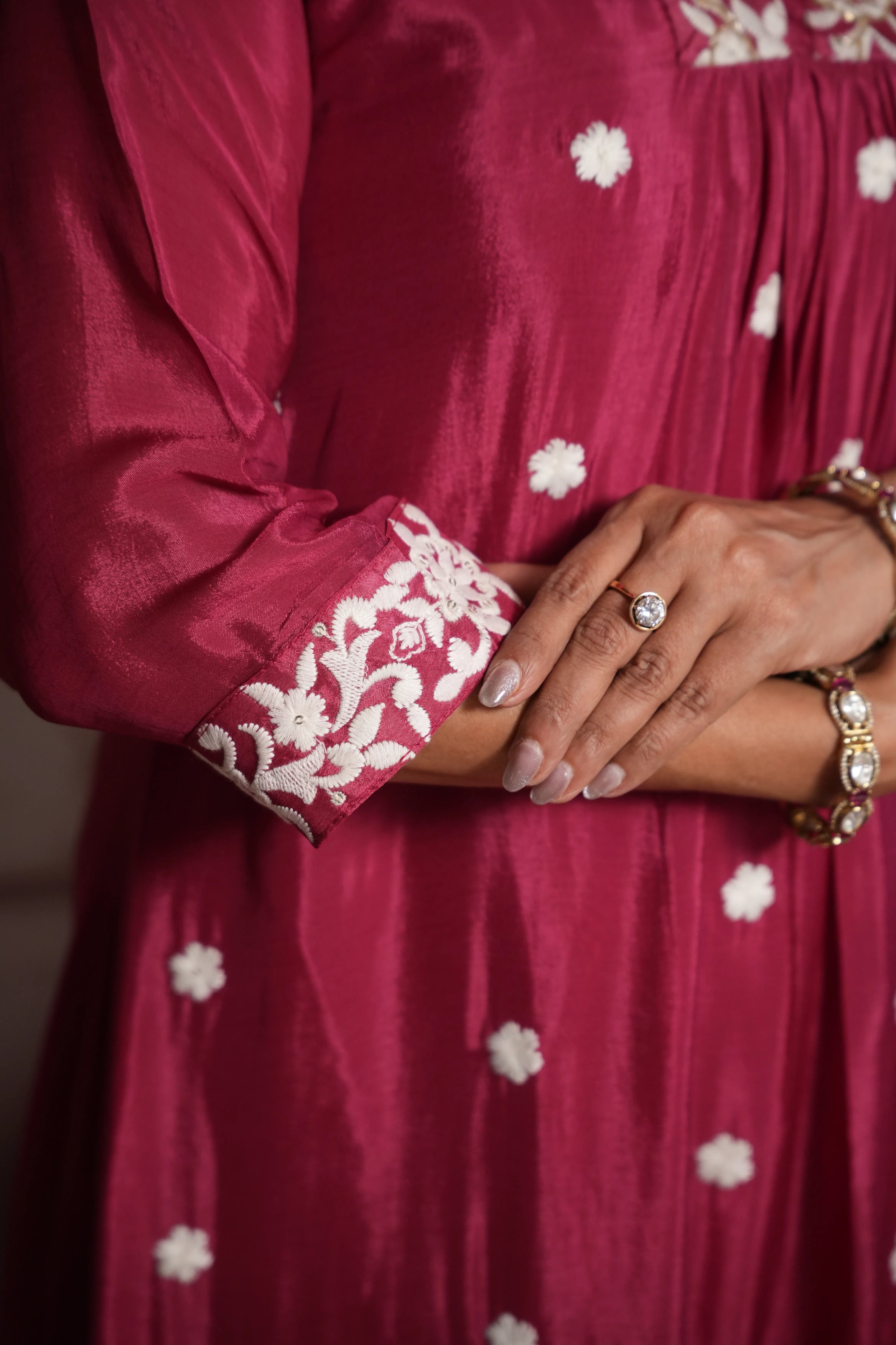 Dark Magenta A-Line Kurta Dupatta Set | Chinon Fabric