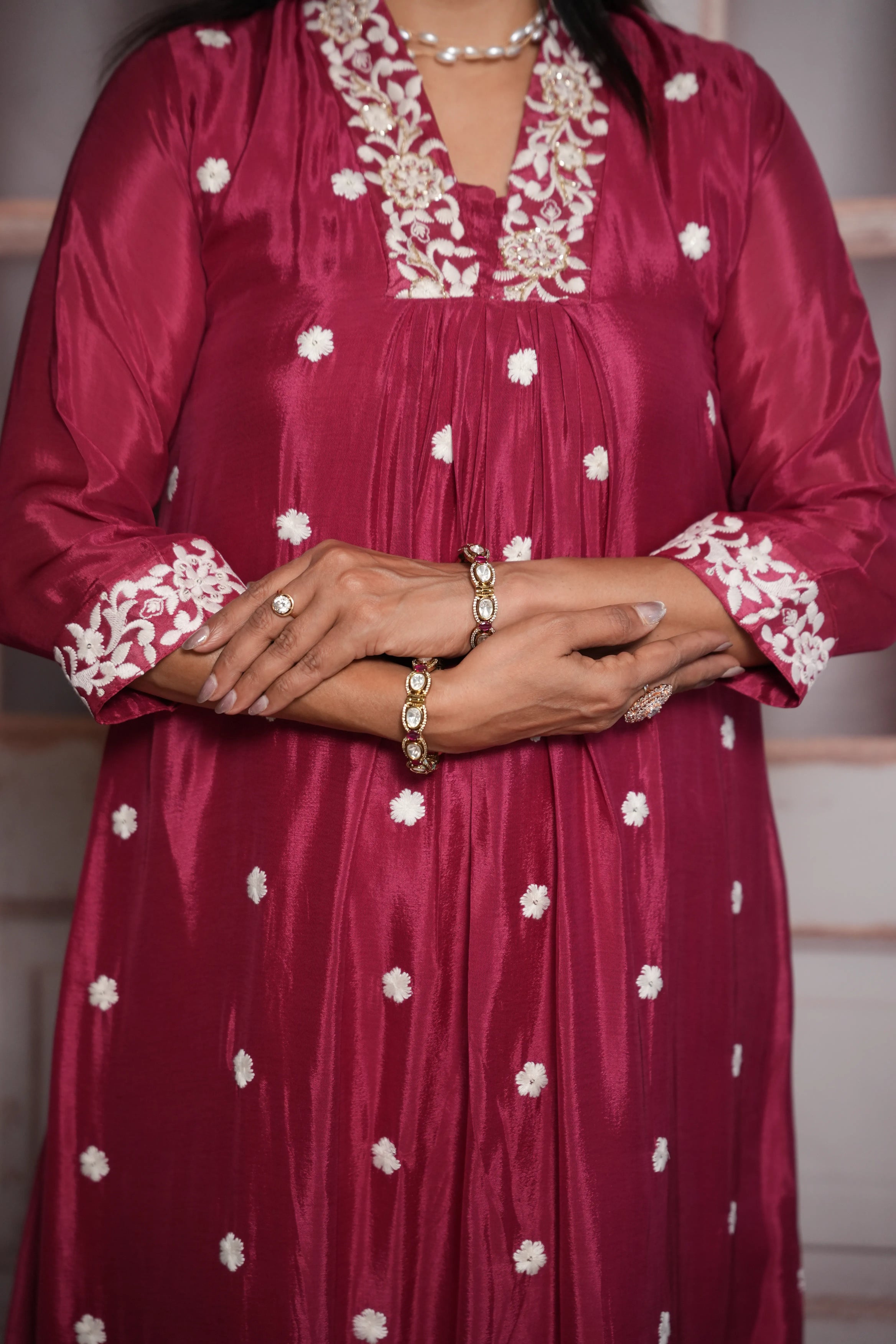 Dark Magenta A-Line Kurta Dupatta Set | Chinon Fabric