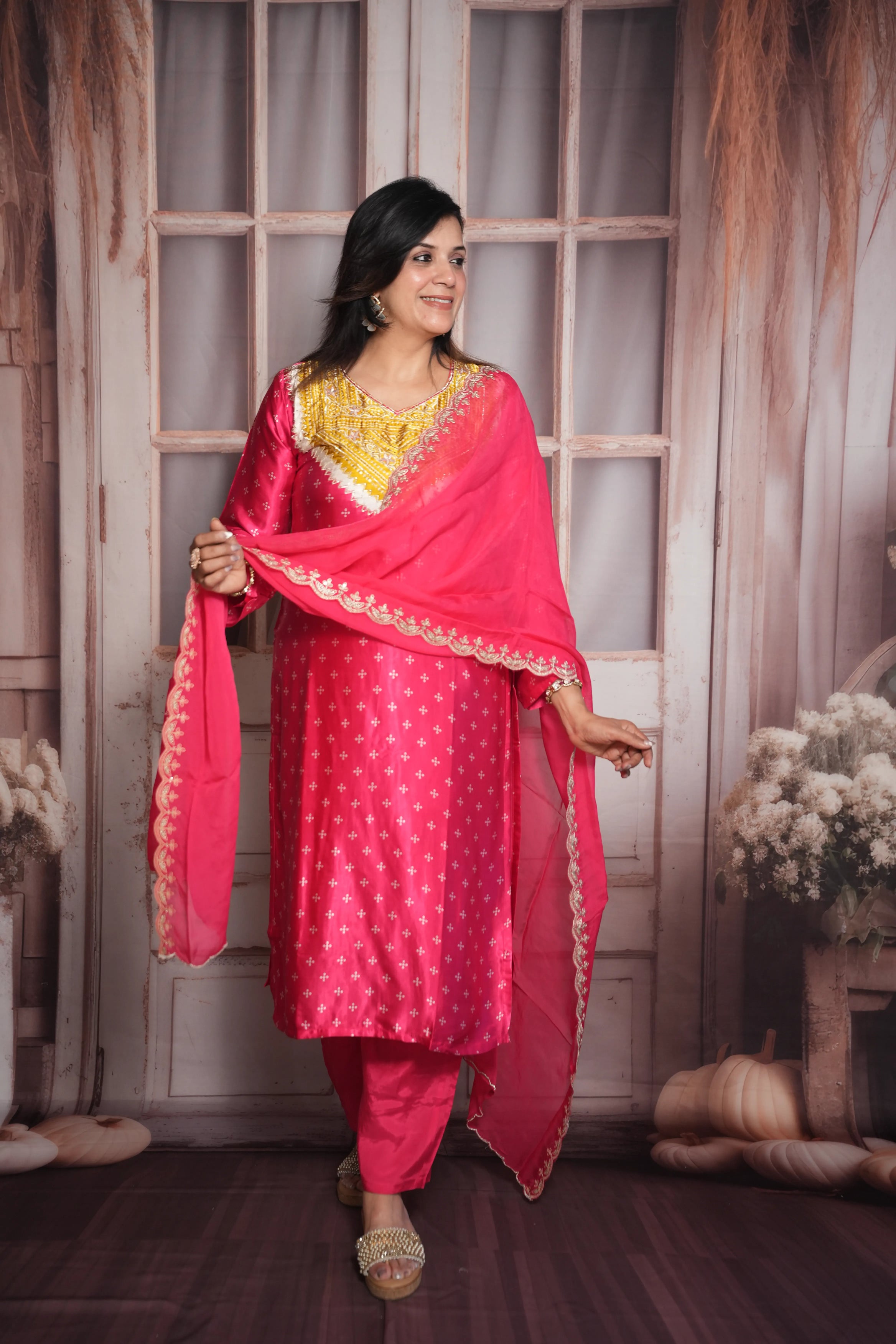 Rani Bandhej Print Kurta Dupatta Set | Gaji Silk