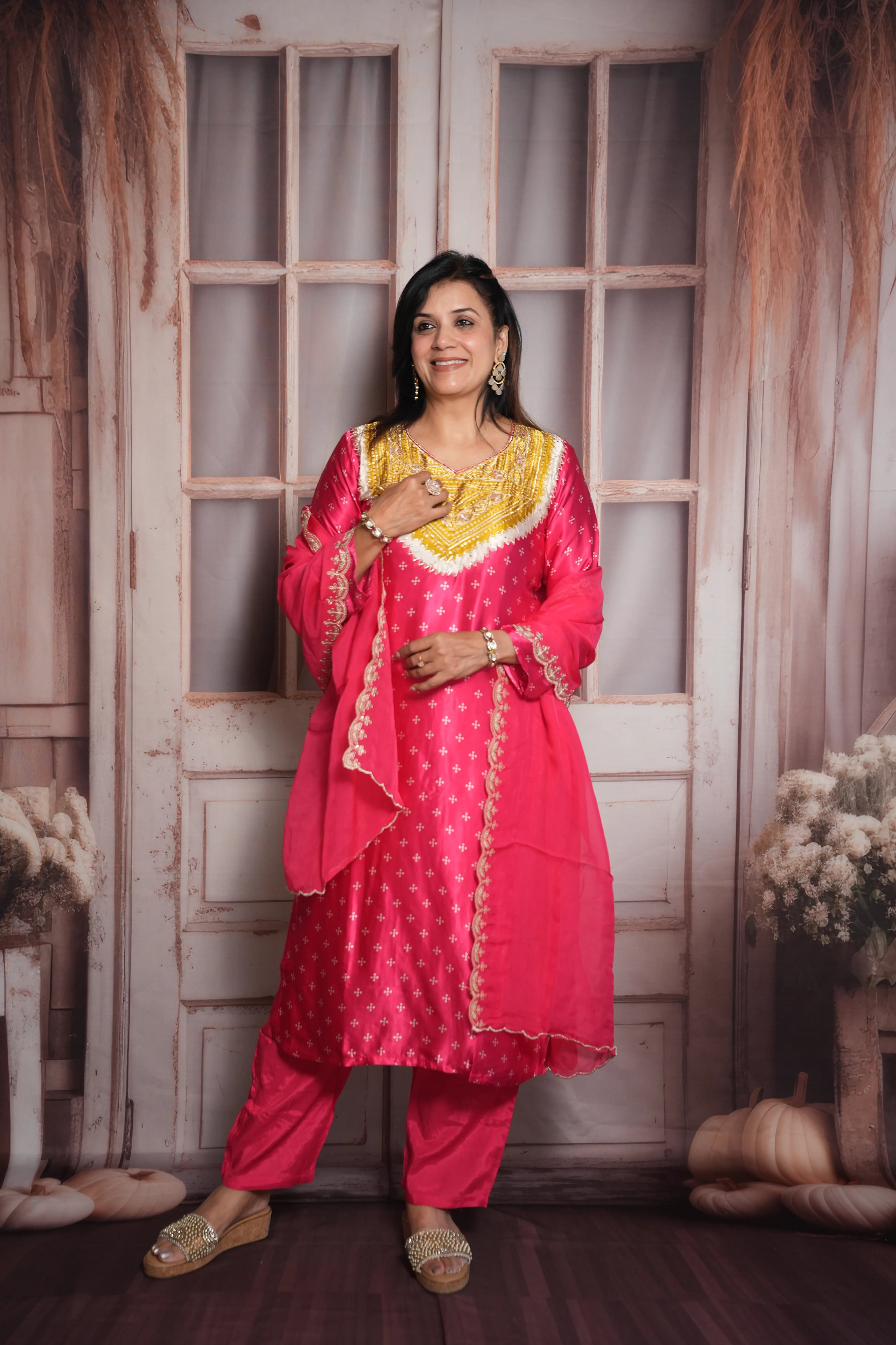 Rani Bandhej Print Kurta Dupatta Set | Gaji Silk