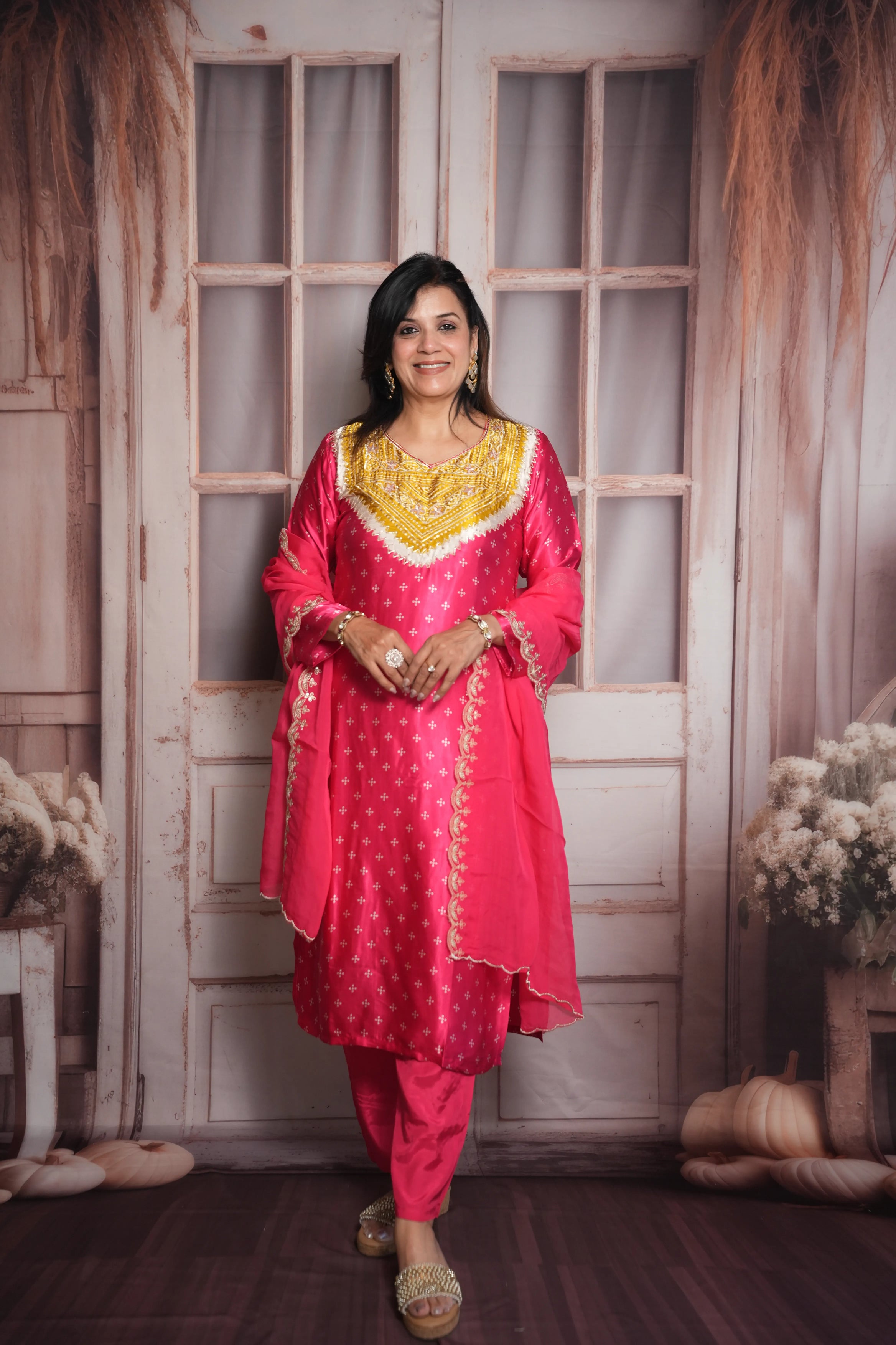 Rani Bandhej Print Kurta Dupatta Set | Gaji Silk