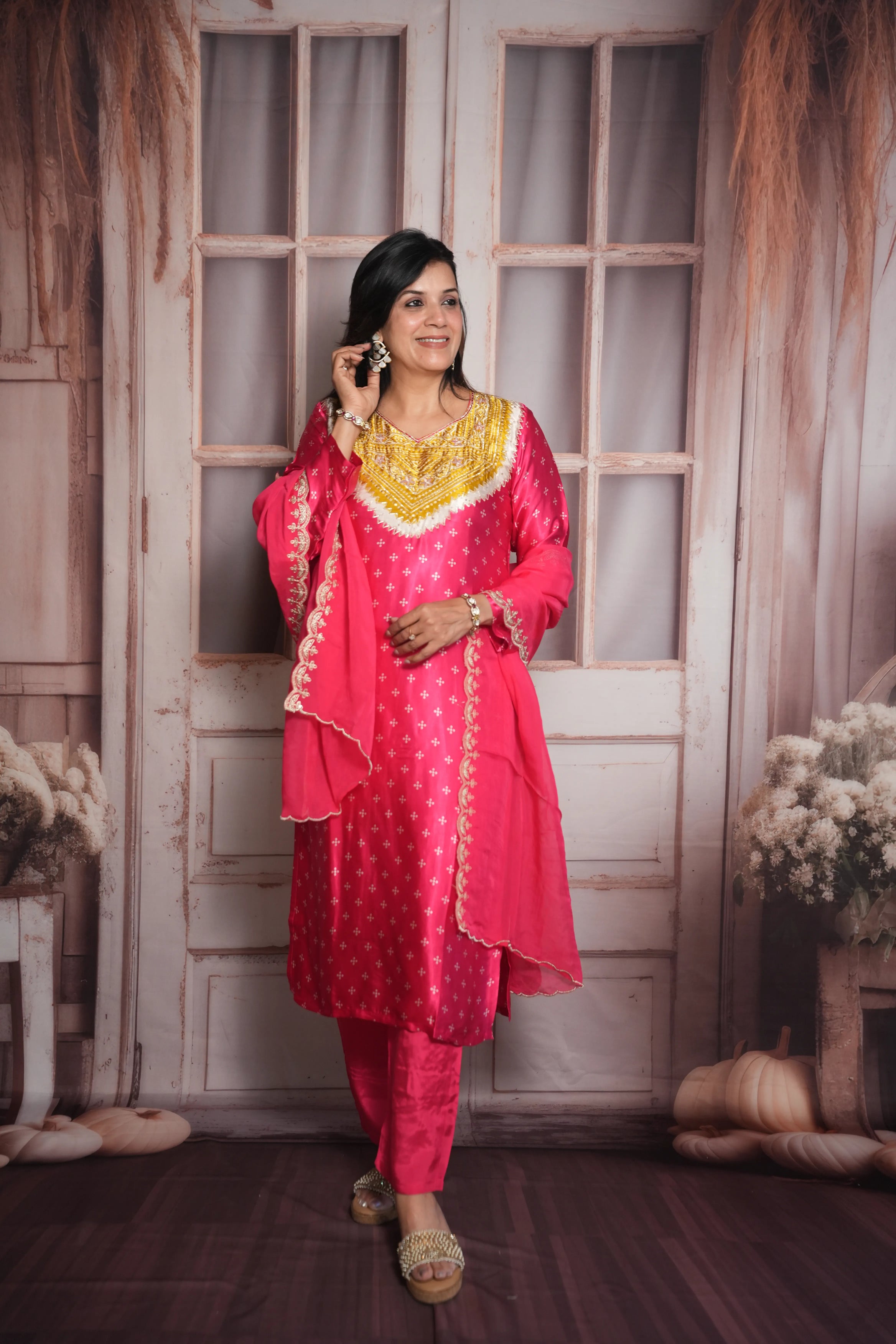 Rani Bandhej Print Kurta Dupatta Set | Gaji Silk