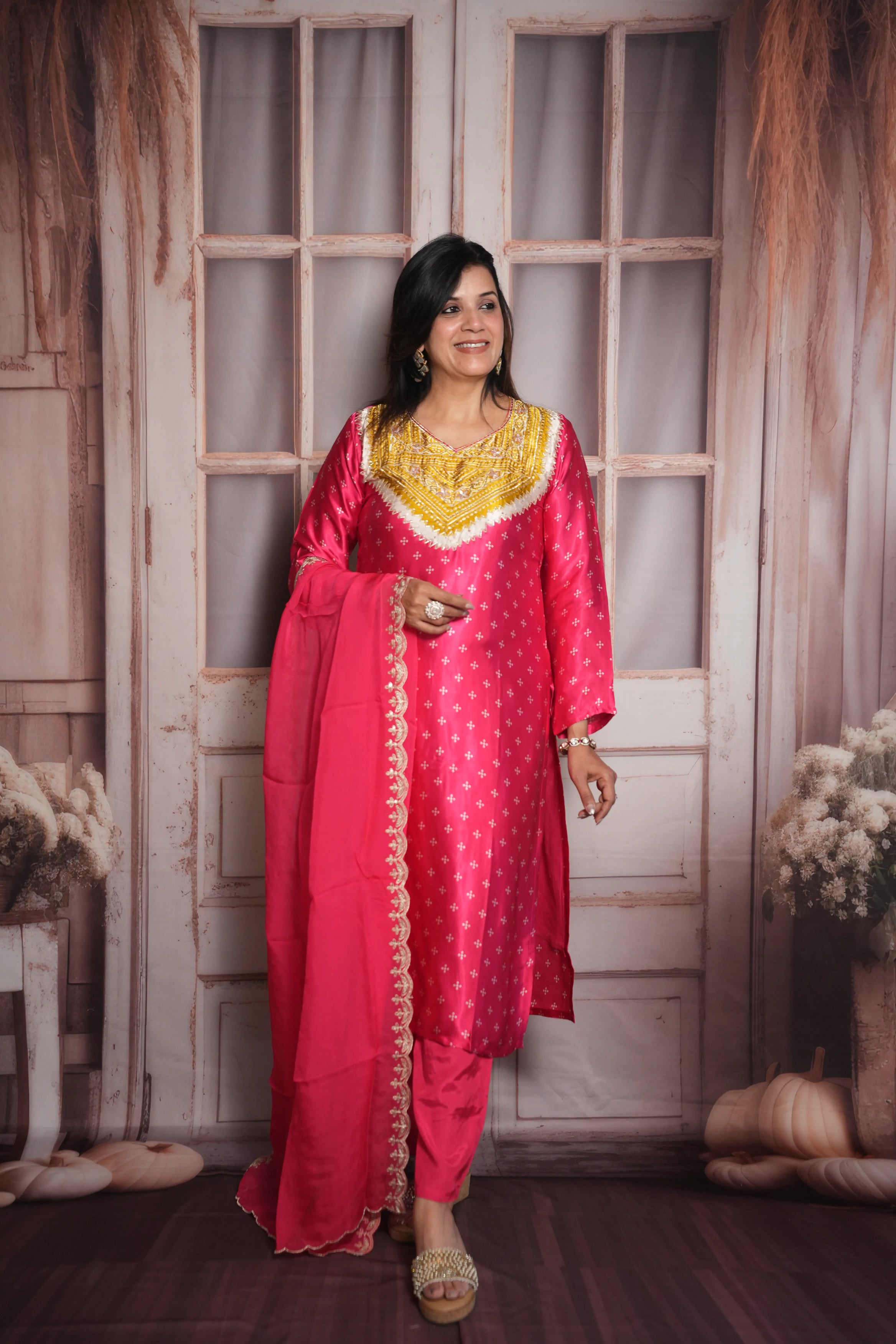 Rani Bandhej Print Kurta Dupatta Set | Gaji Silk