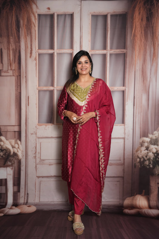 Mulberry Bandhej Print Kurta Dupatta Set | Gaji Silk