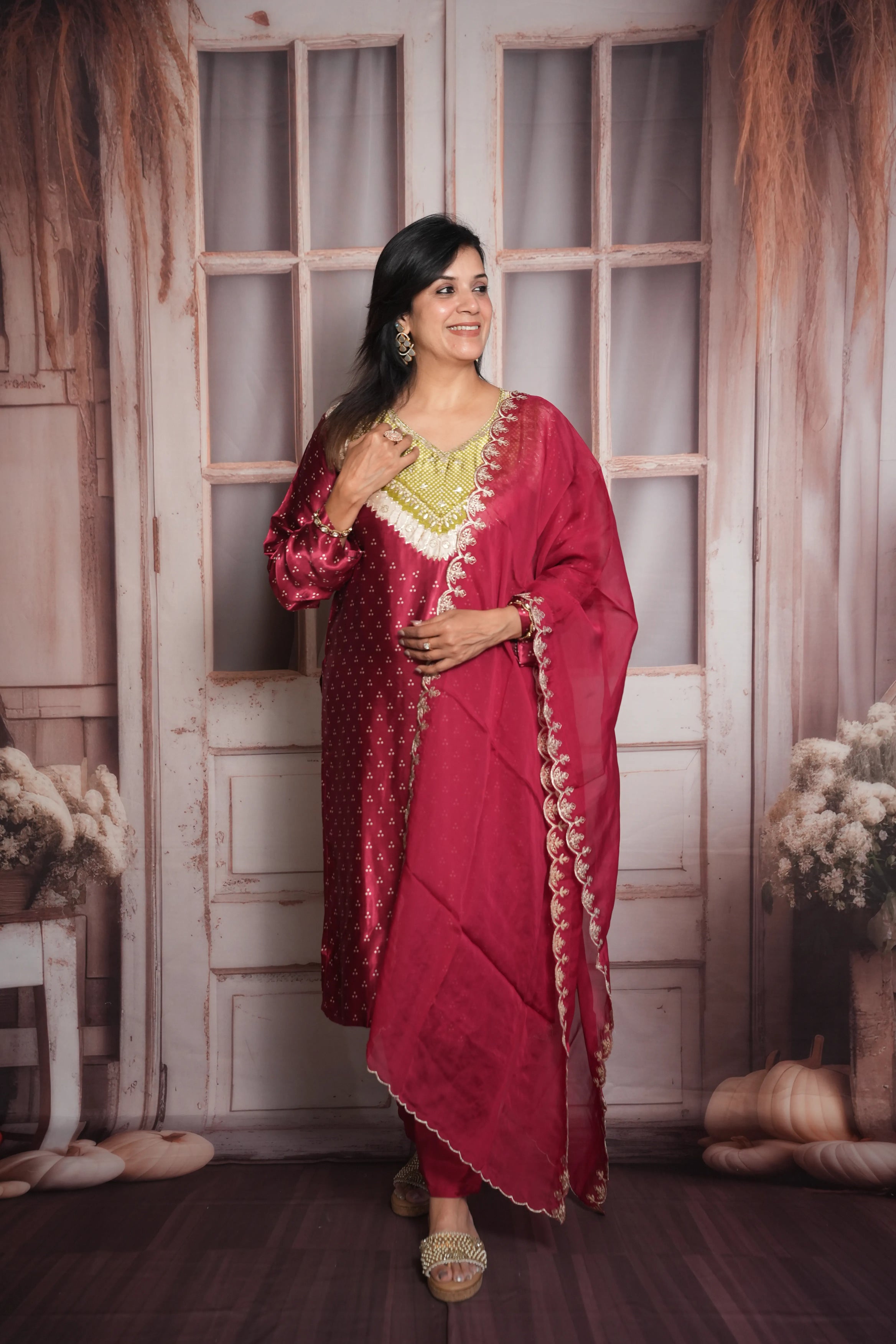 Mulberry Bandhej Print Kurta Dupatta Set | Gaji Silk
