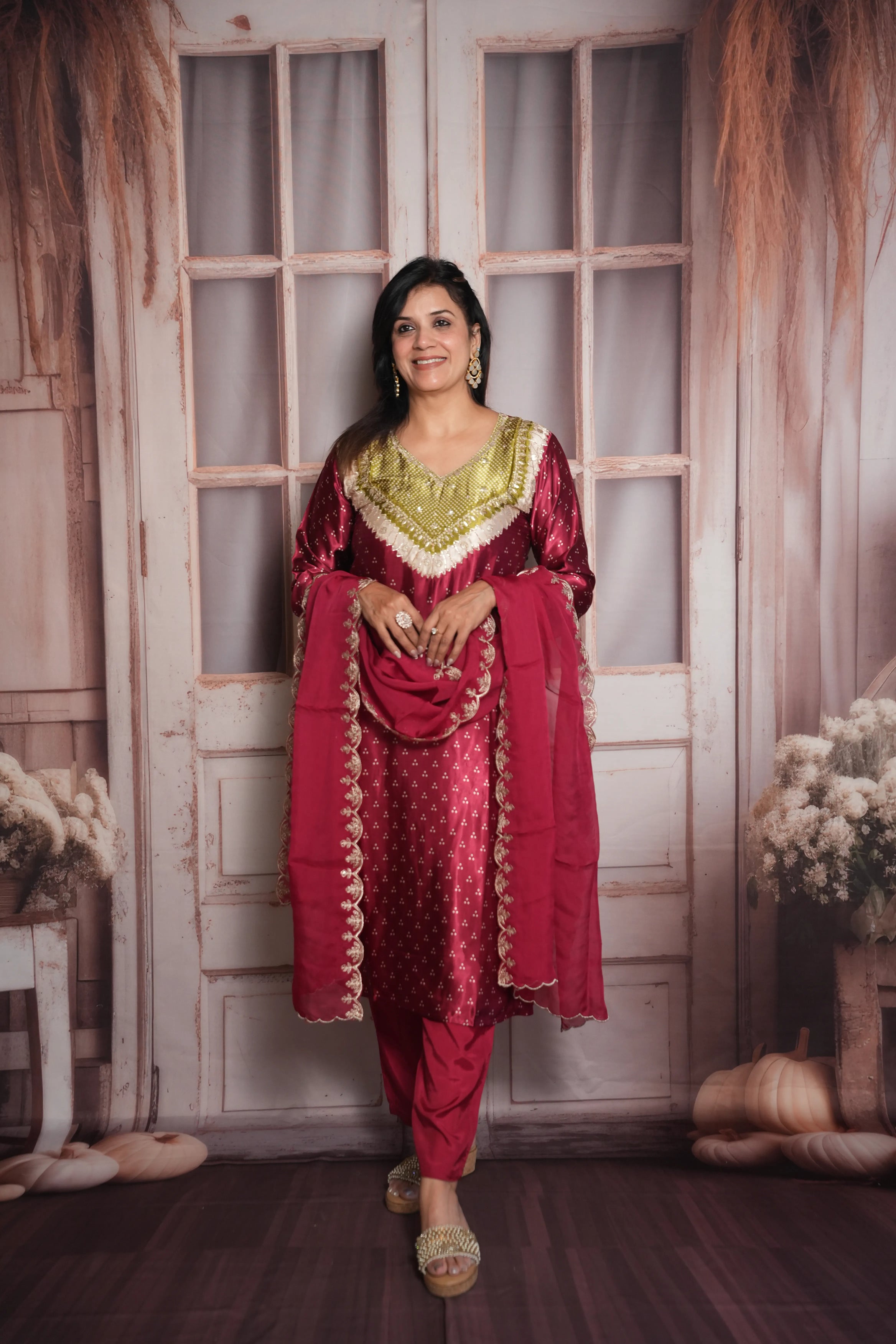 Mulberry Bandhej Print Kurta Dupatta Set | Gaji Silk