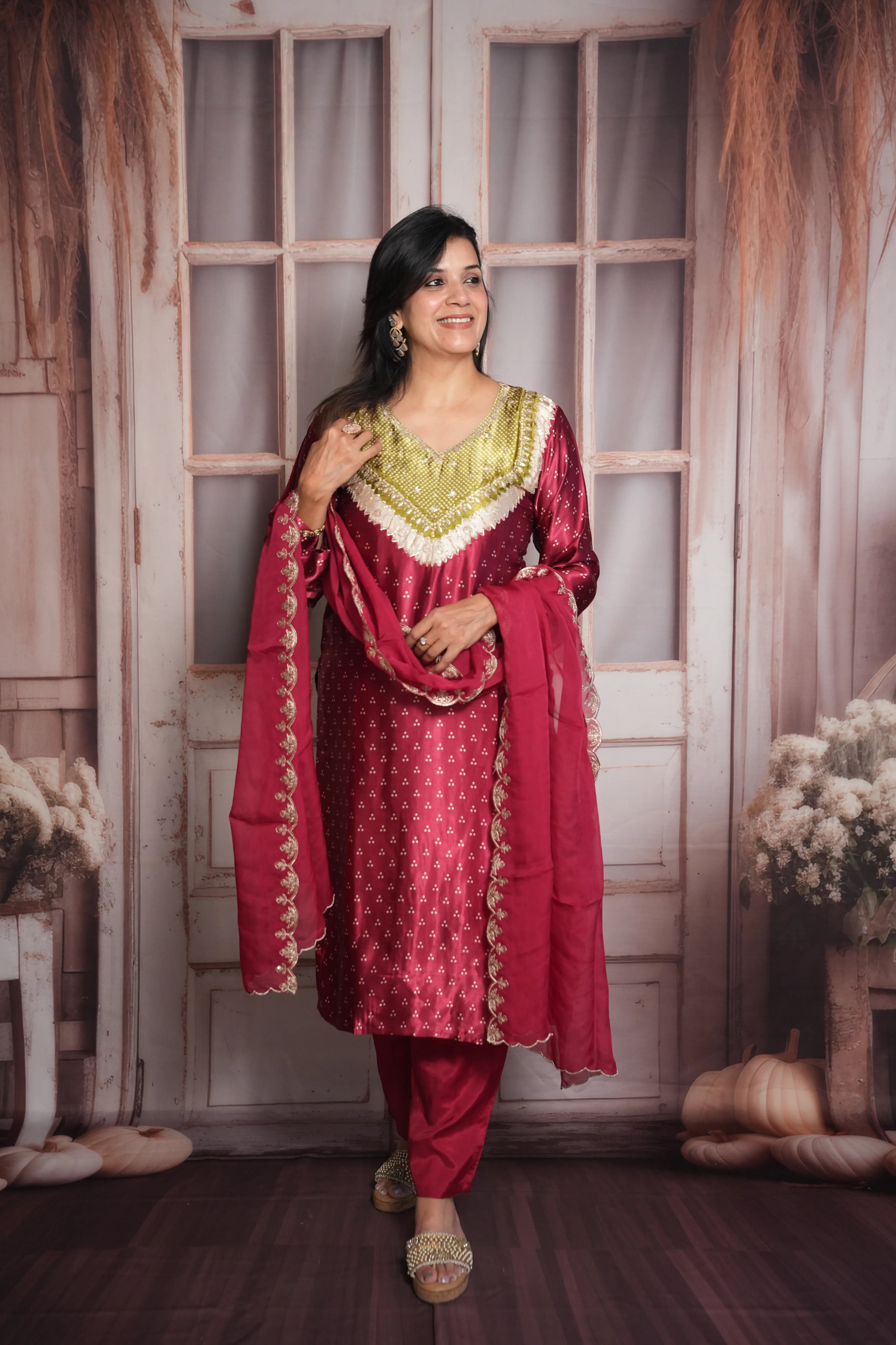 Mulberry Bandhej Print Kurta Dupatta Set | Gaji Silk