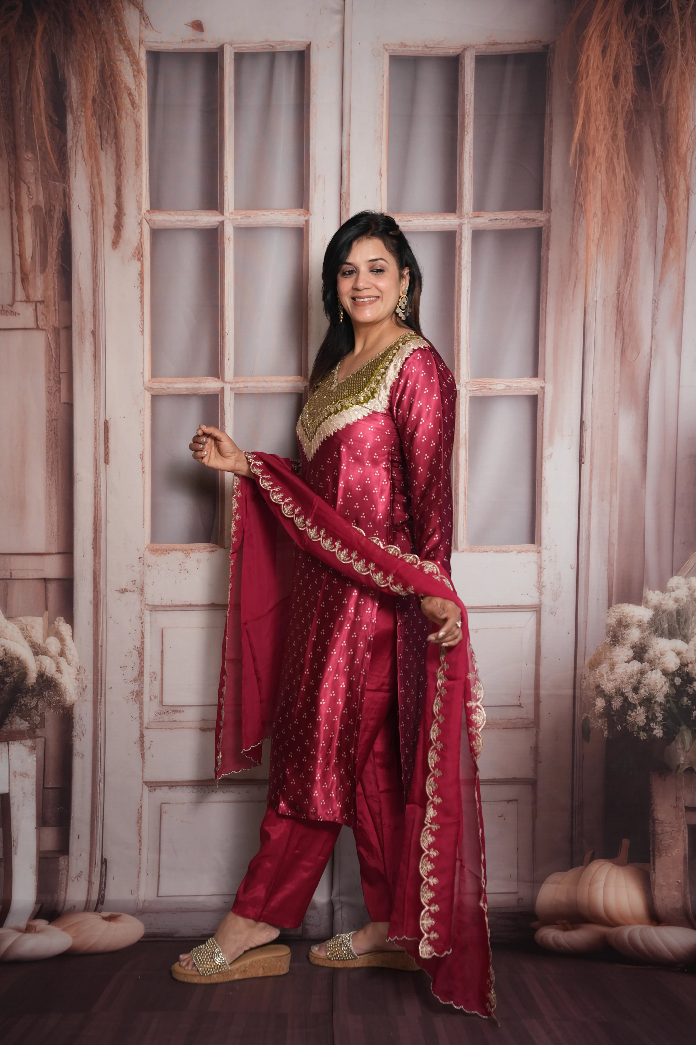 Mulberry Bandhej Print Kurta Dupatta Set | Gaji Silk