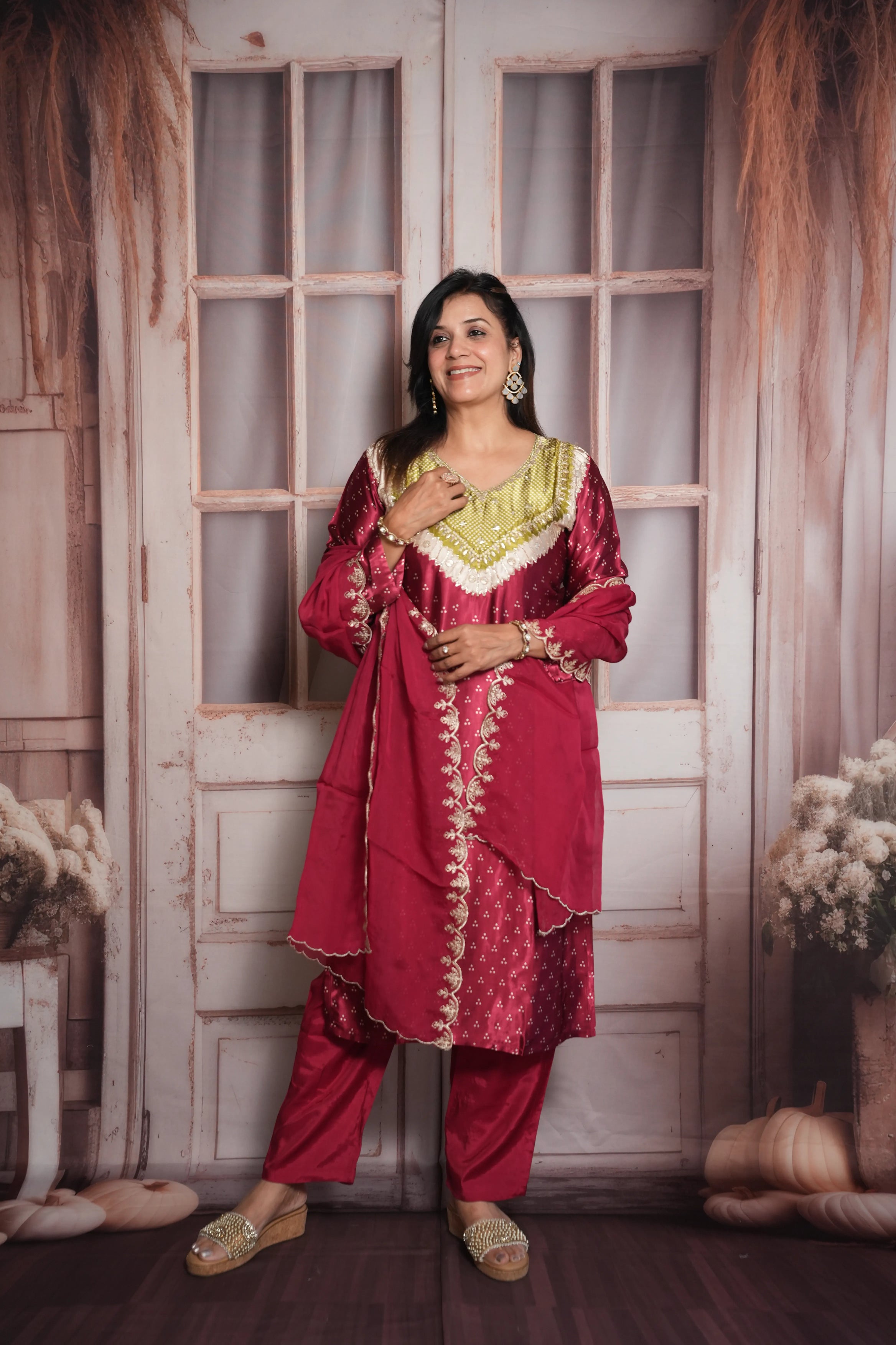Mulberry Bandhej Print Kurta Dupatta Set | Gaji Silk