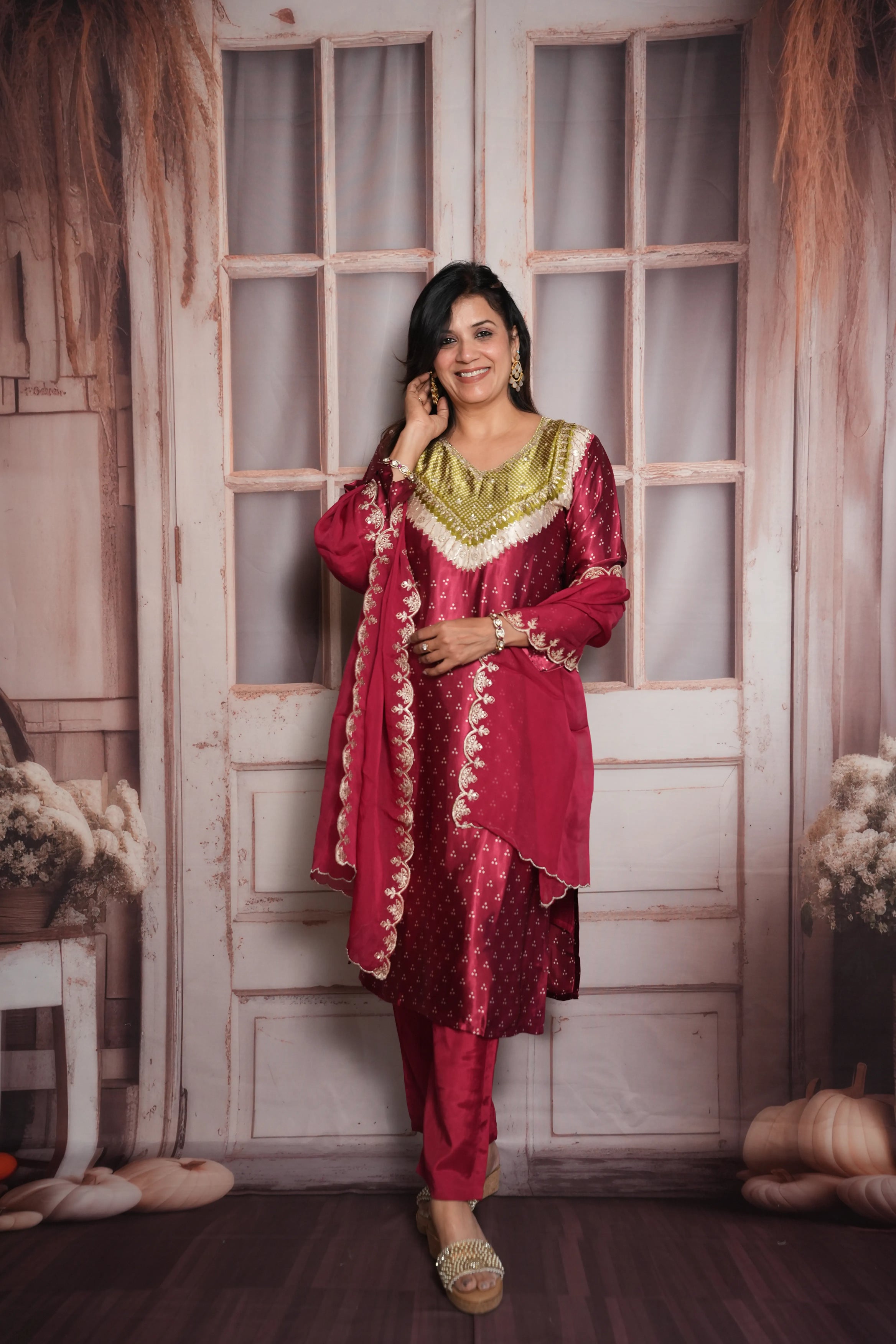 Mulberry Bandhej Print Kurta Dupatta Set | Gaji Silk