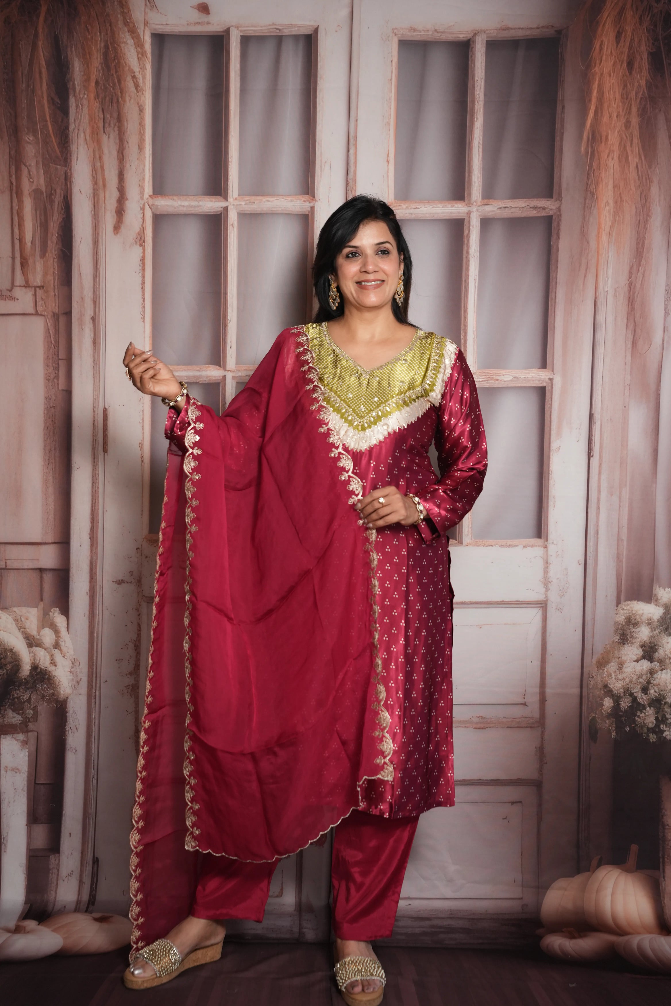 Mulberry Bandhej Print Kurta Dupatta Set | Gaji Silk