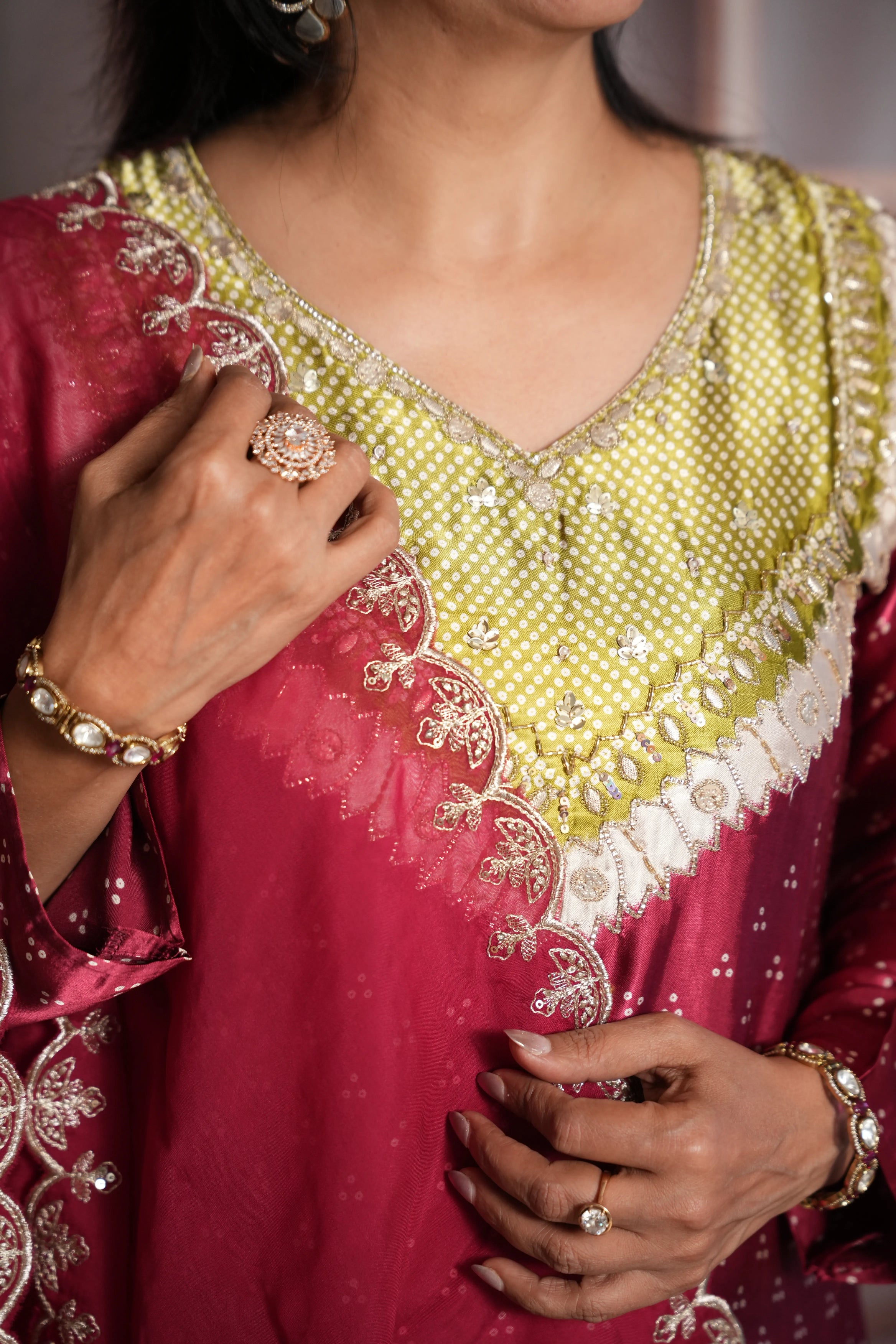 Mulberry Bandhej Print Kurta Dupatta Set | Gaji Silk