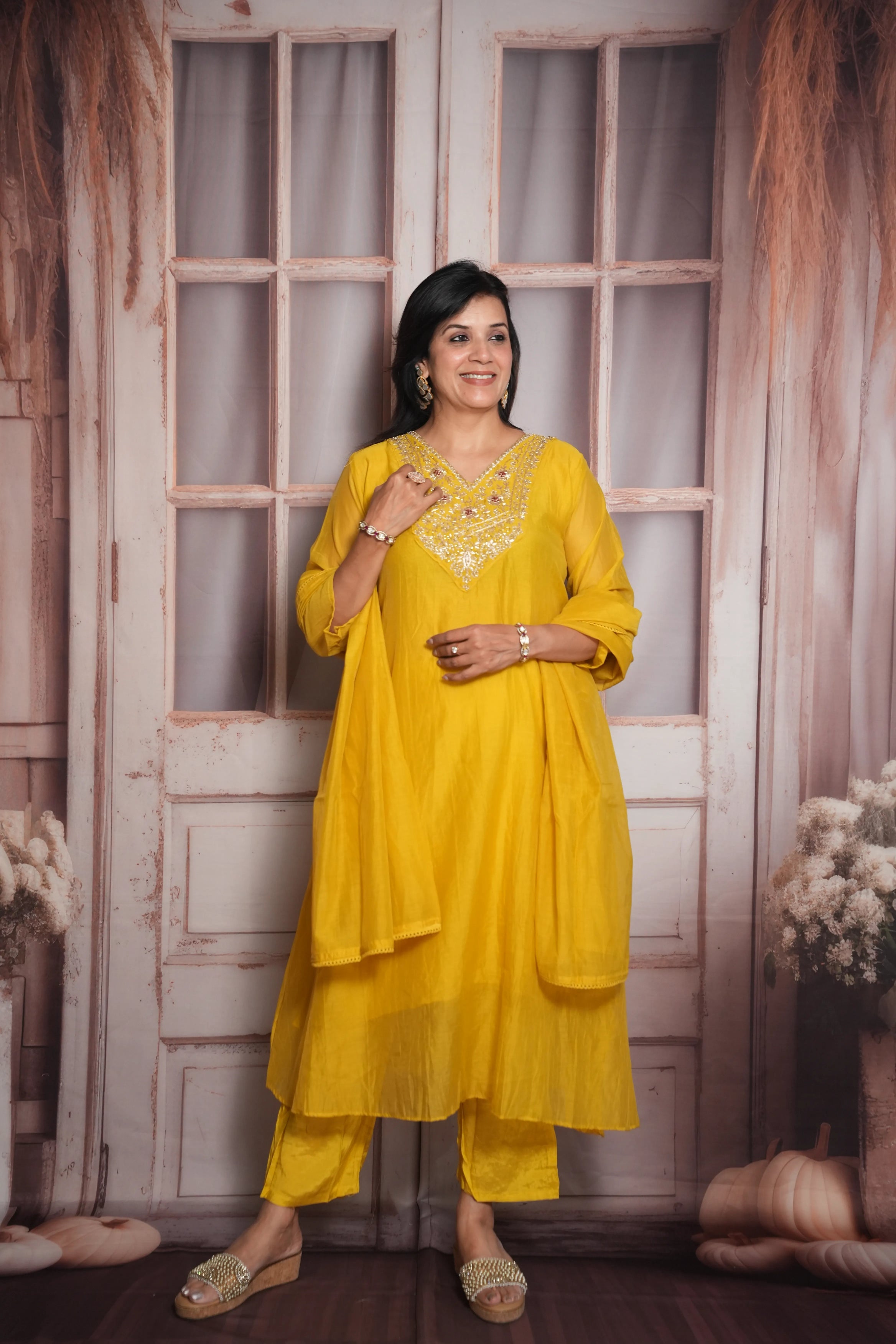 Yellow A-Line Kurta Dupatta Set | Mul Chanderi | Pearls Embroidery Work