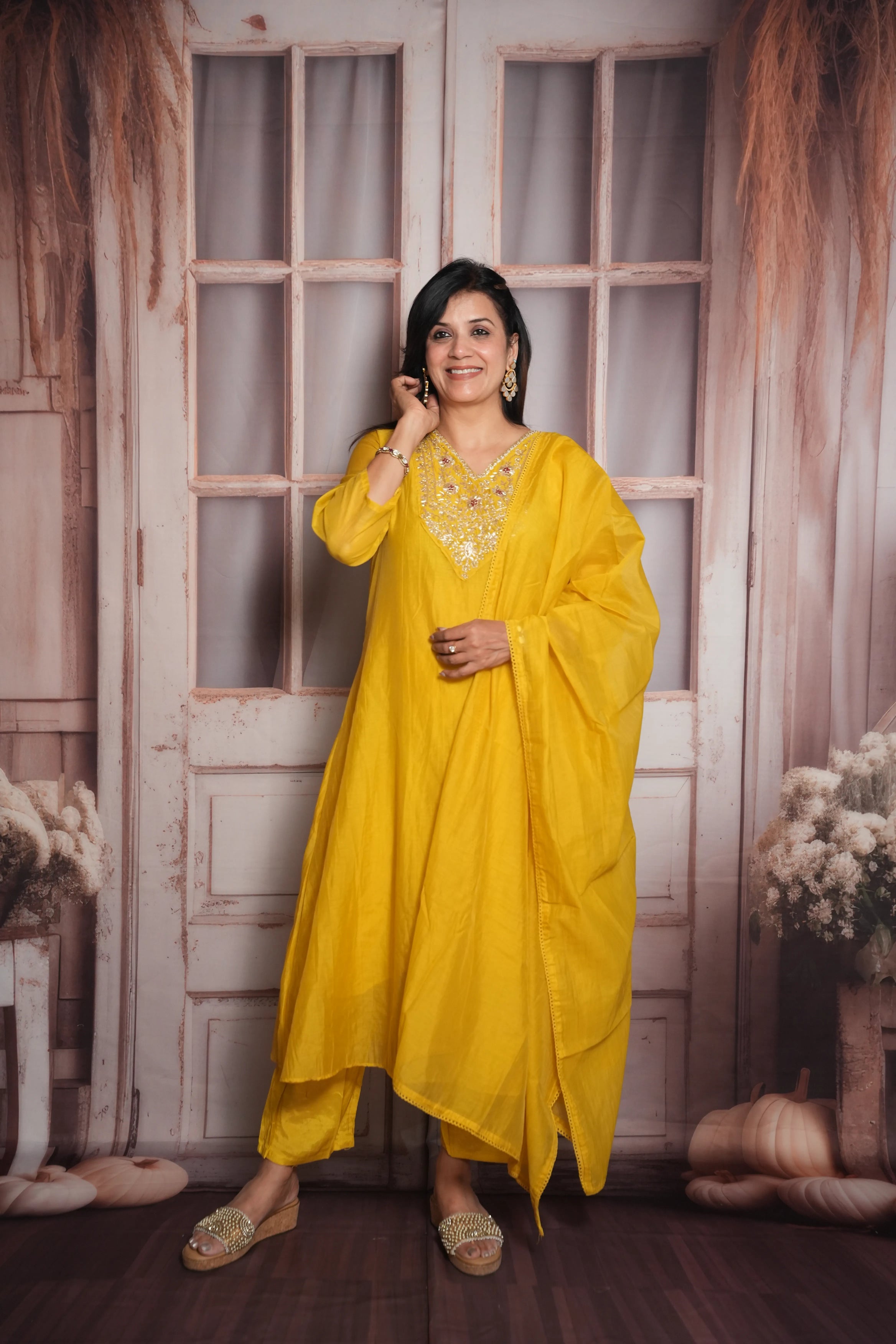 Yellow A-Line Kurta Dupatta Set | Mul Chanderi | Pearls Embroidery Work