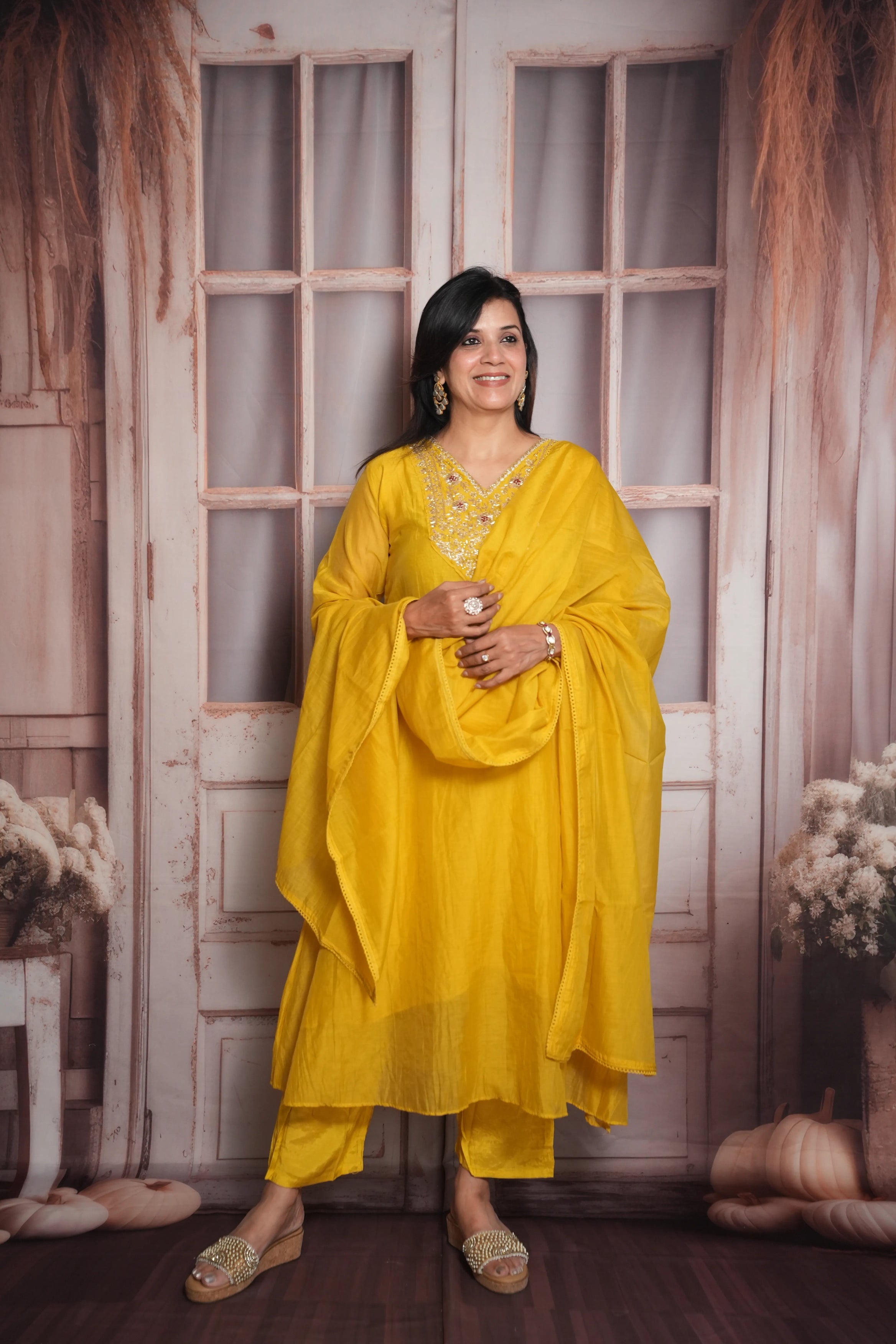Yellow A-Line Kurta Dupatta Set | Mul Chanderi | Pearls Embroidery Work