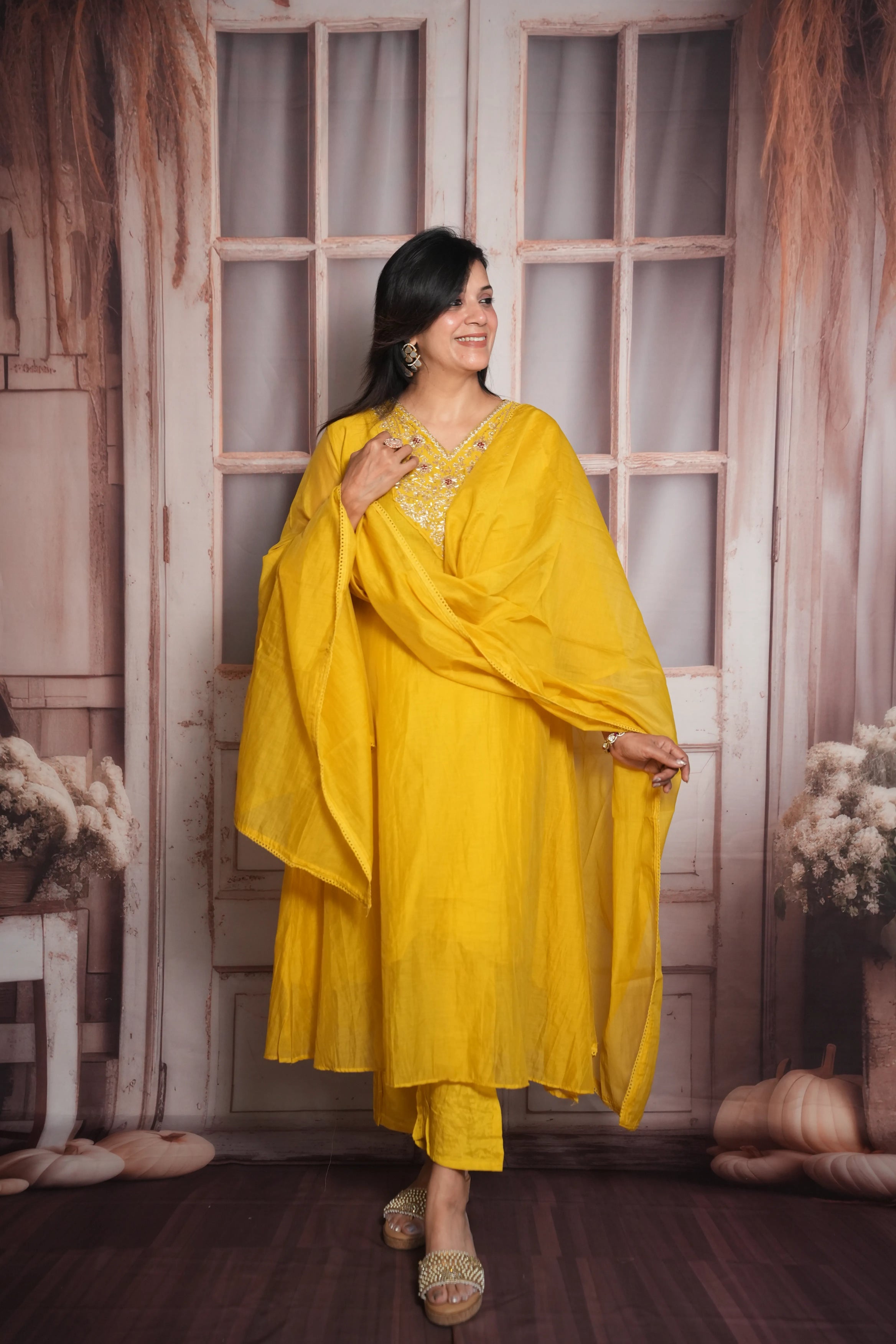 Yellow A-Line Kurta Dupatta Set | Mul Chanderi | Pearls Embroidery Work