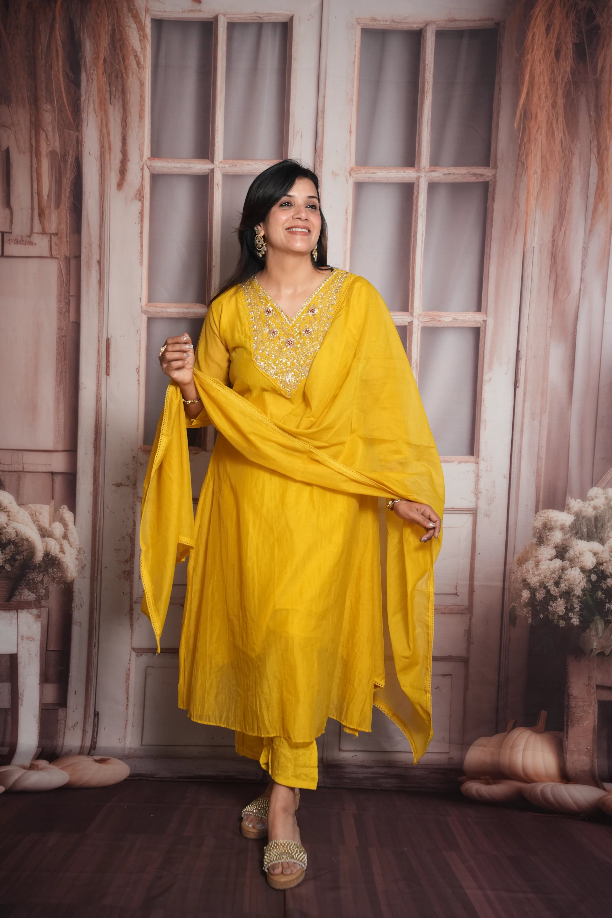 Yellow A-Line Kurta Dupatta Set | Mul Chanderi | Pearls Embroidery Work