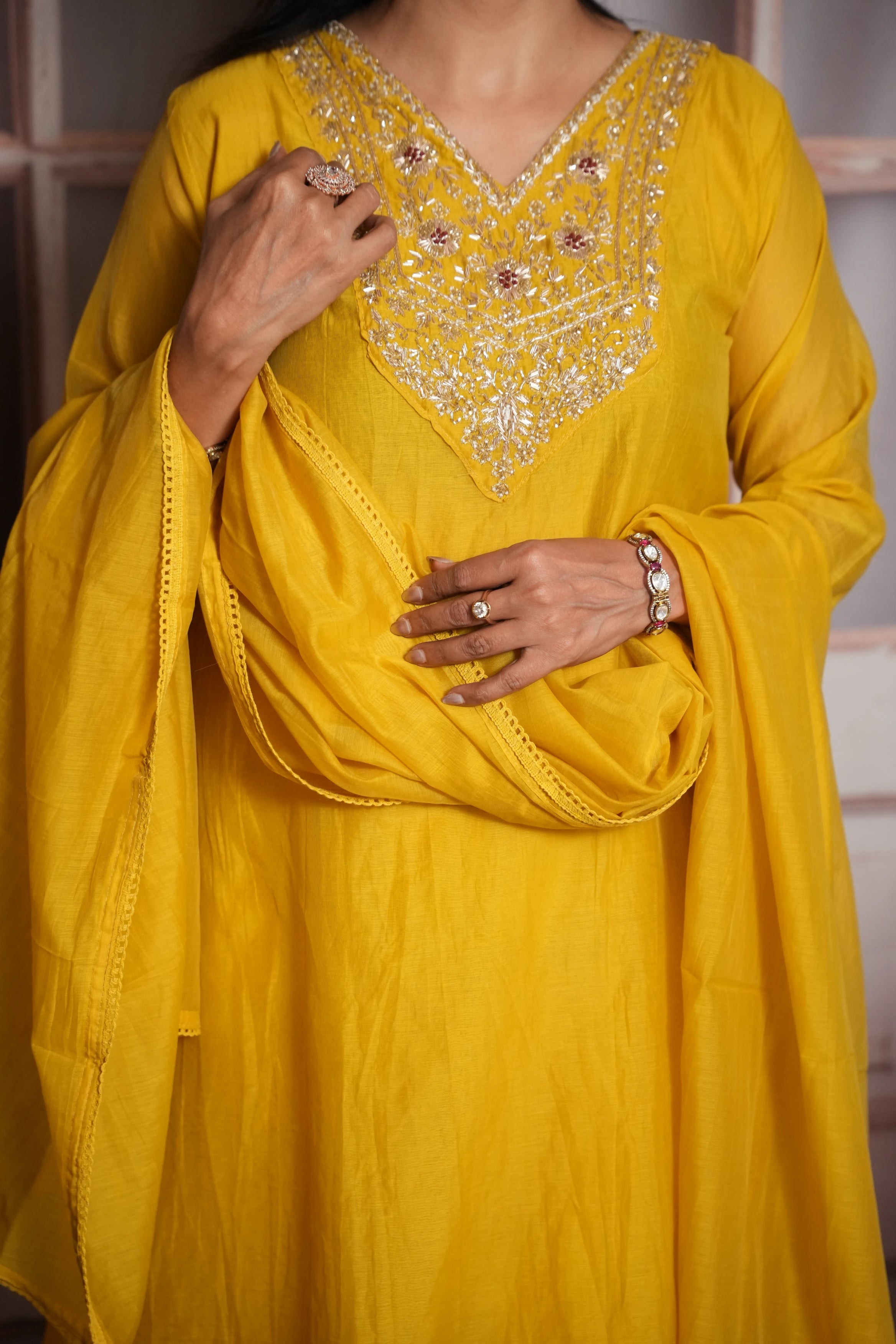 Yellow A-Line Kurta Dupatta Set | Mul Chanderi | Pearls Embroidery Work