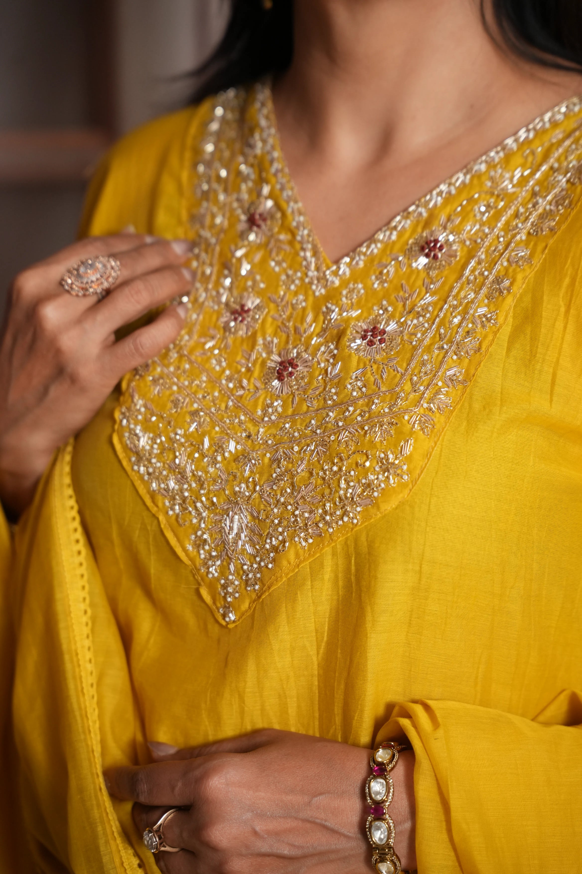 Yellow A-Line Kurta Dupatta Set | Mul Chanderi | Pearls Embroidery Work