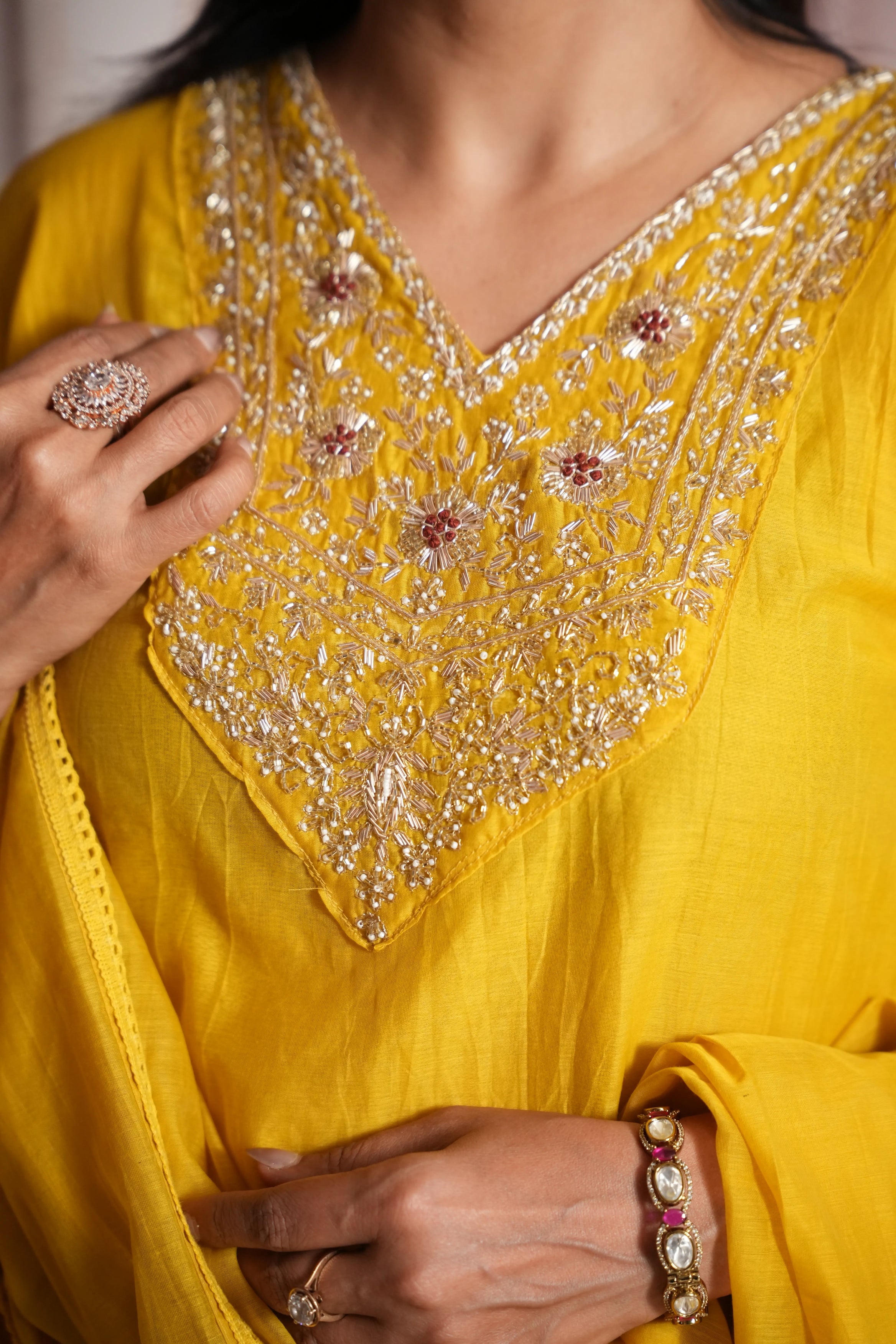 Yellow A-Line Kurta Dupatta Set | Mul Chanderi | Pearls Embroidery Work