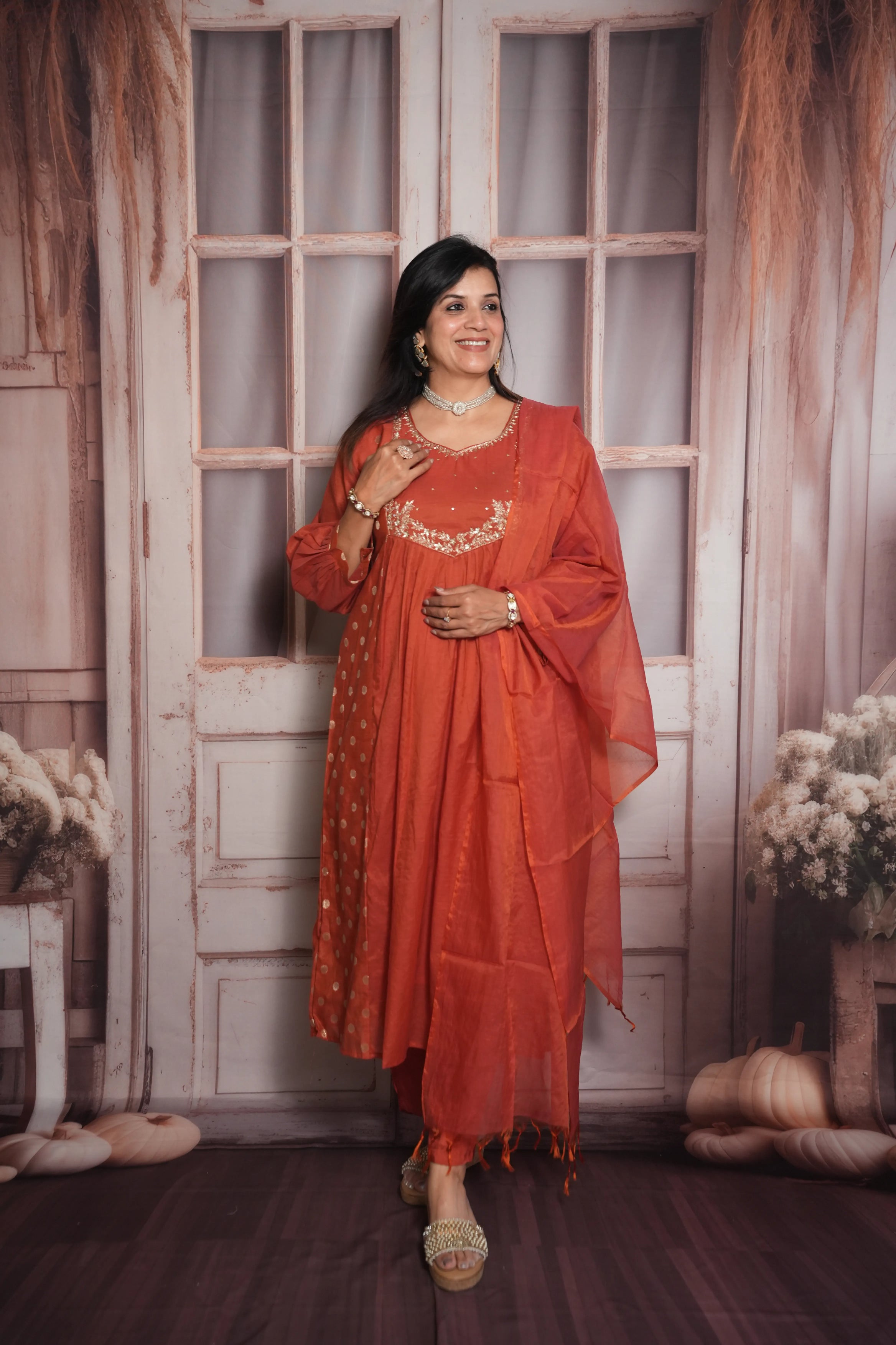 Rust A-Line Kurta Dupatta Set | Mul Chanderi
