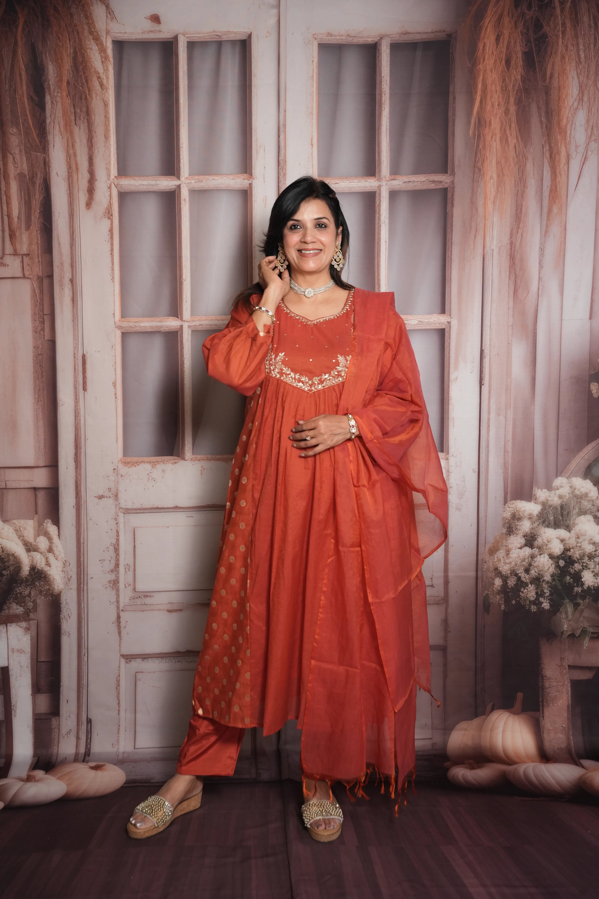 Rust A-Line Kurta Dupatta Set | Mul Chanderi
