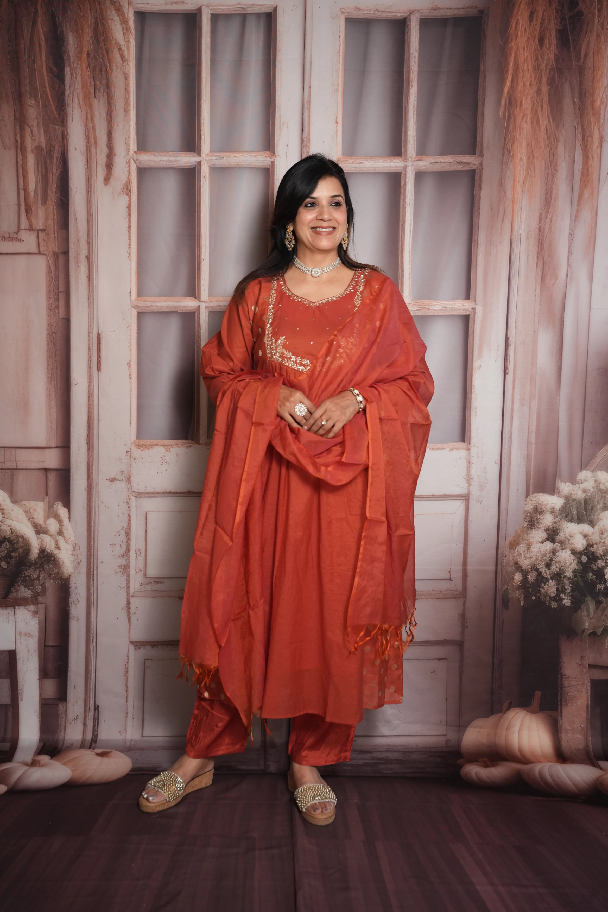 Rust A-Line Kurta Dupatta Set | Mul Chanderi