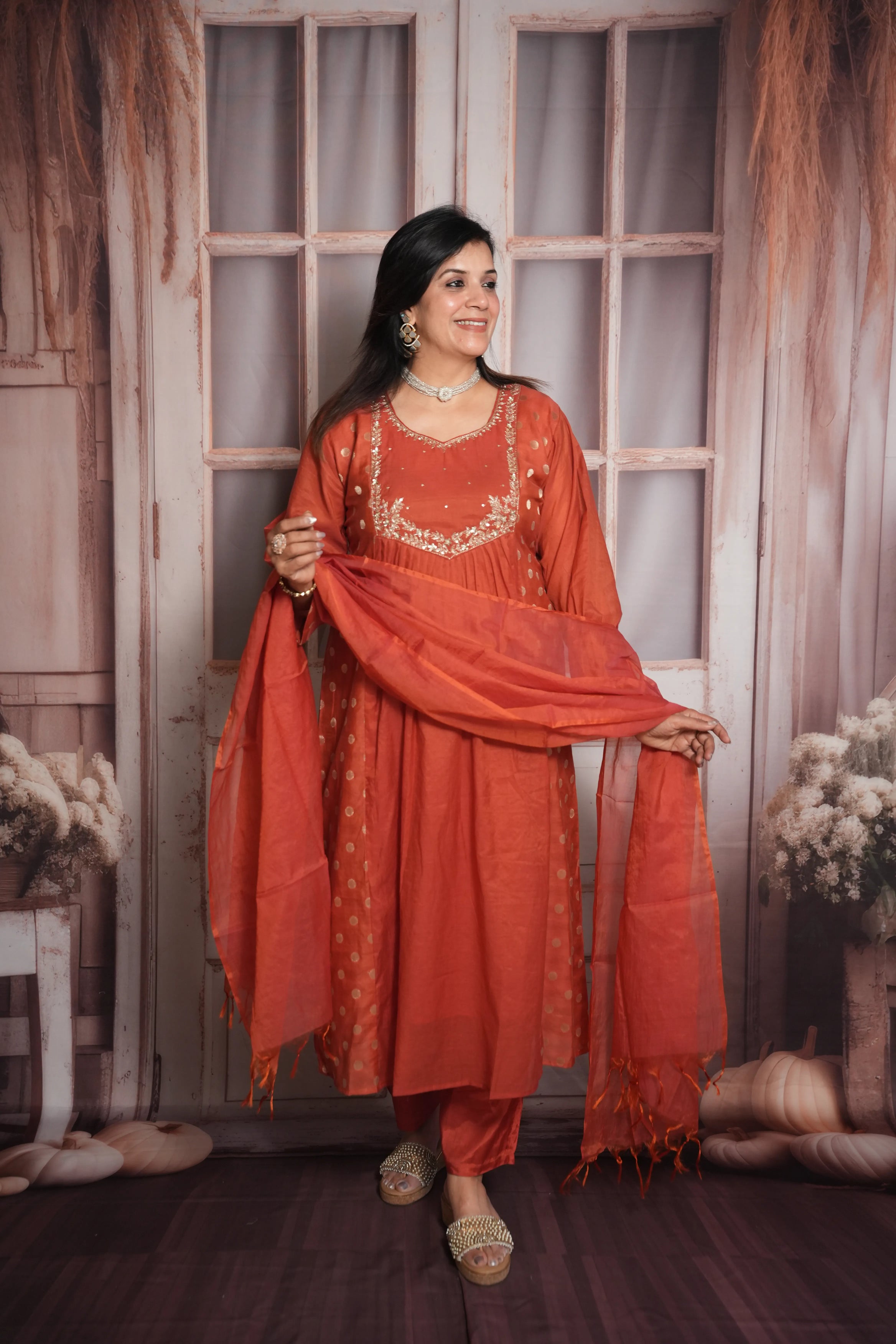 Rust A-Line Kurta Dupatta Set | Mul Chanderi