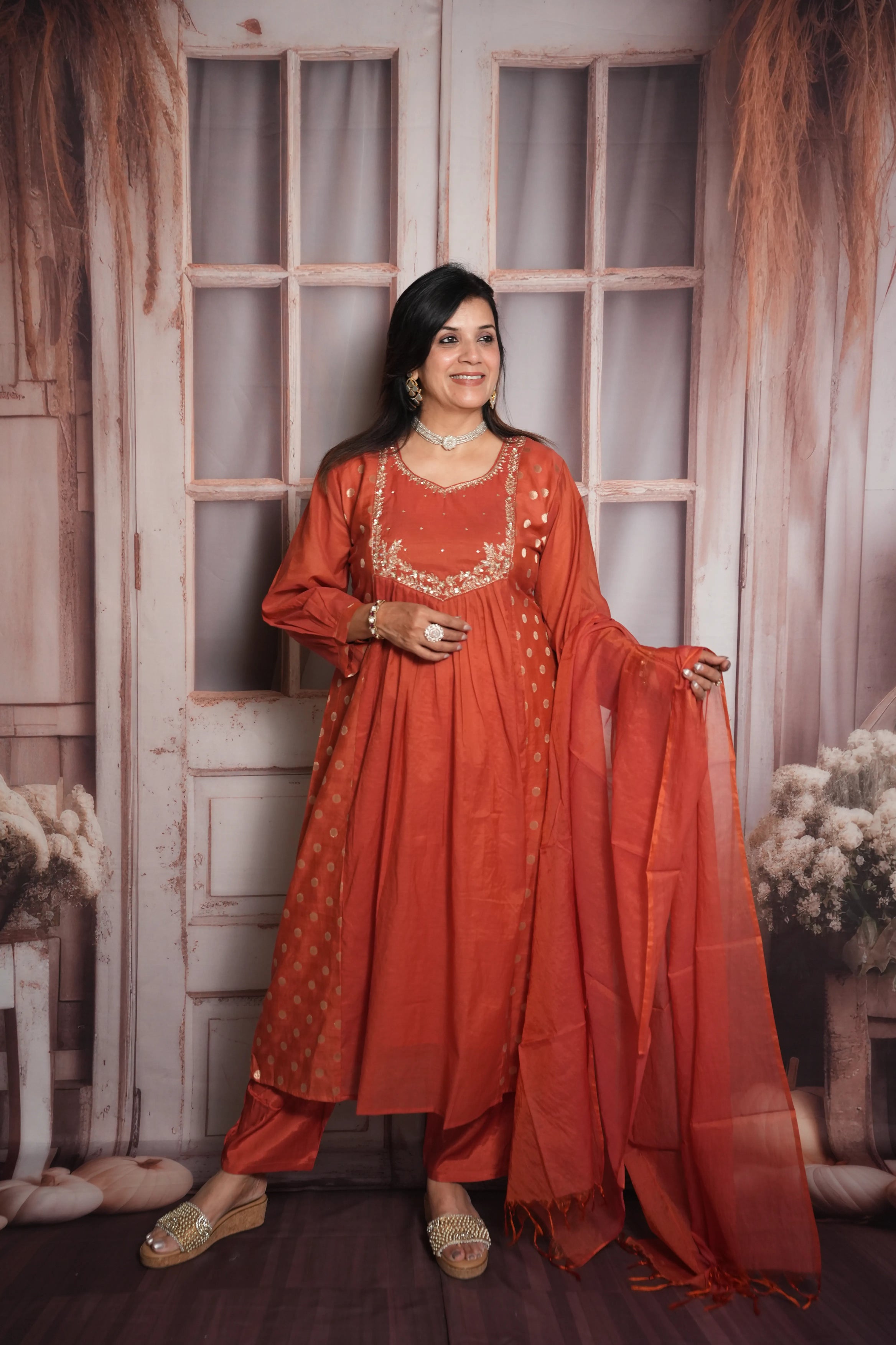 Rust A-Line Kurta Dupatta Set | Mul Chanderi