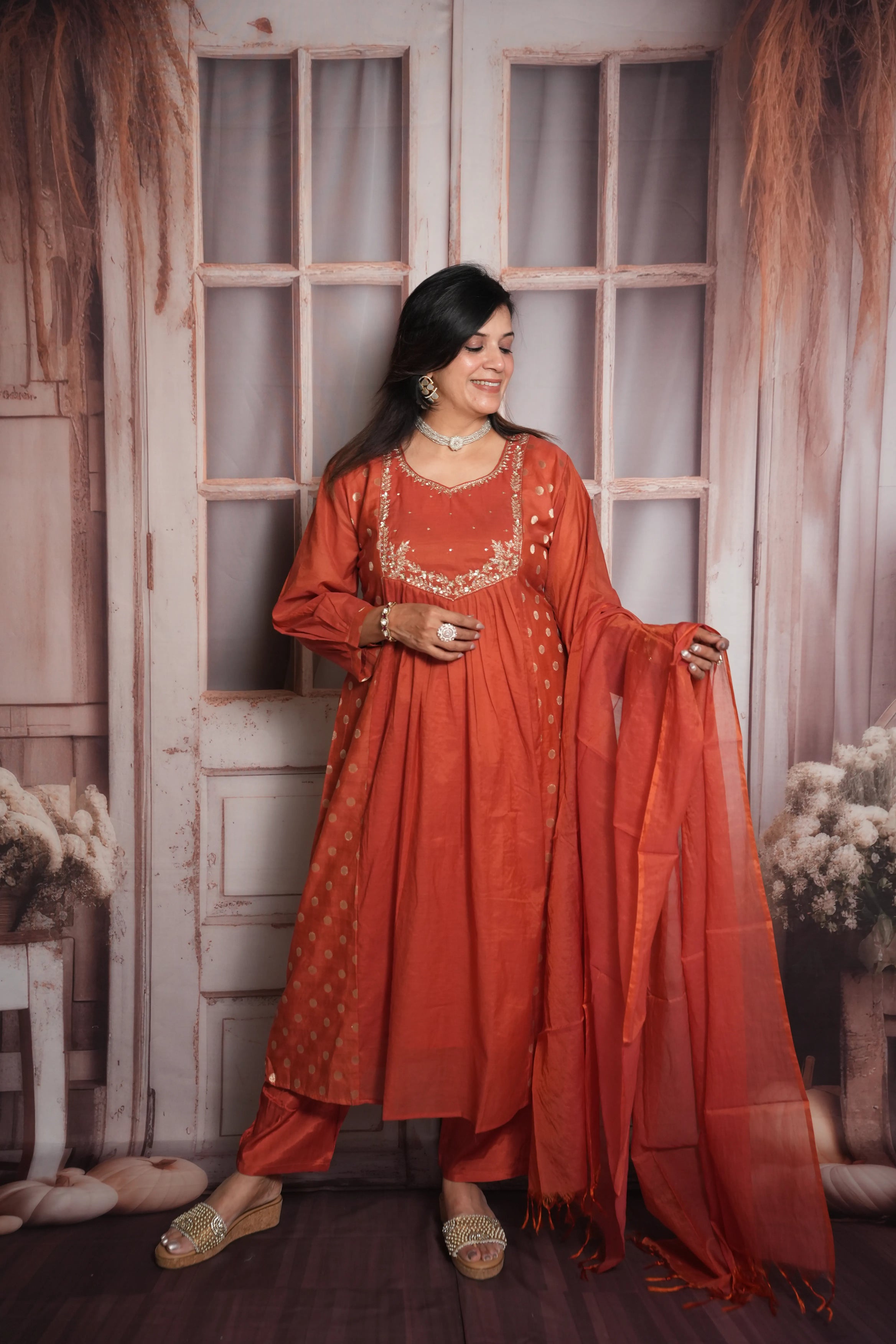 Rust A-Line Kurta Dupatta Set | Mul Chanderi