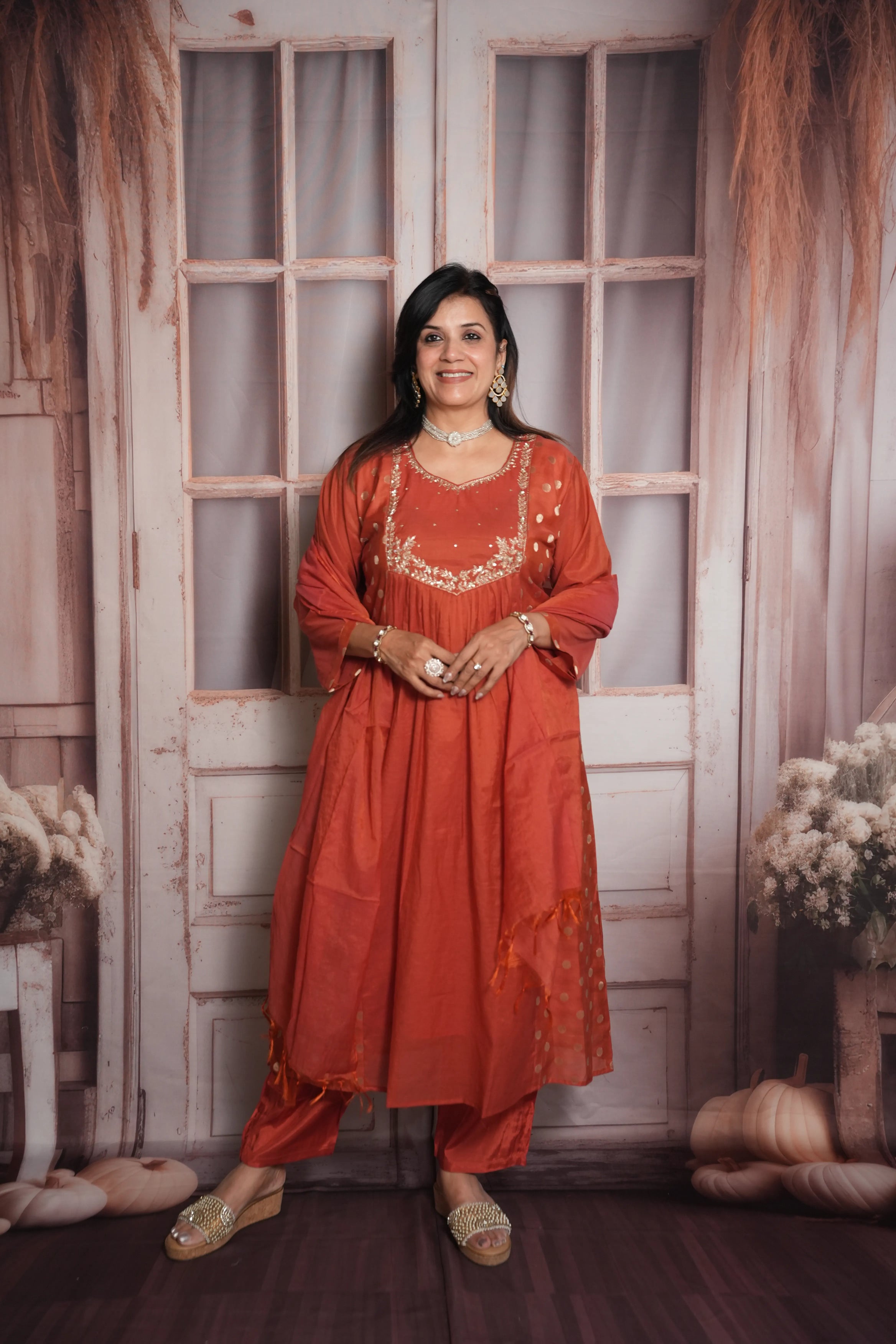 Rust A-Line Kurta Dupatta Set | Mul Chanderi