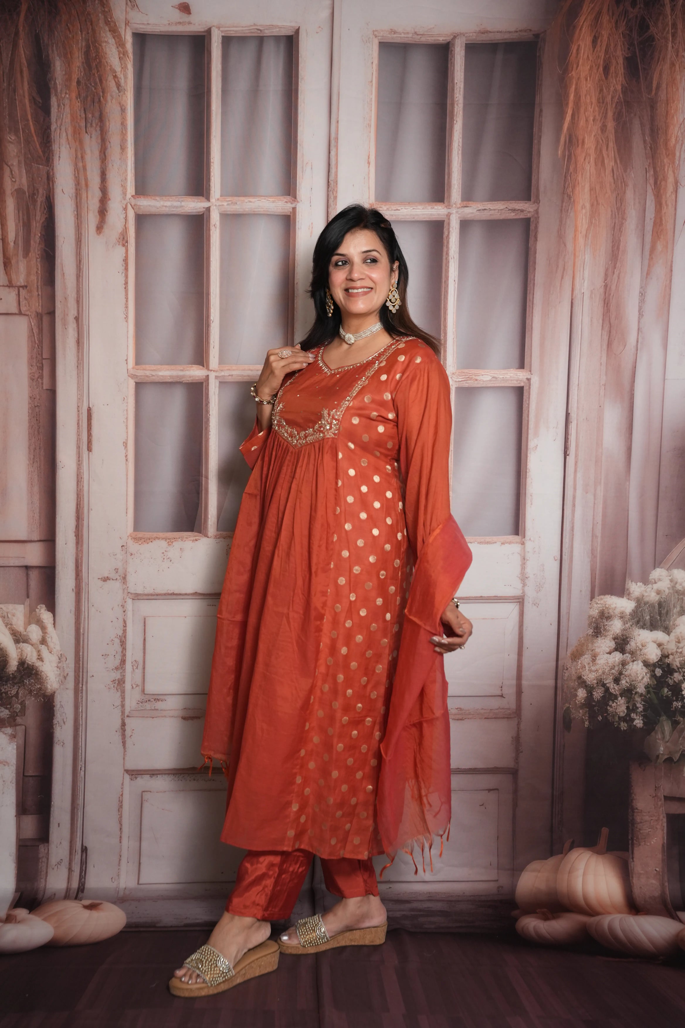 Rust A-Line Kurta Dupatta Set | Mul Chanderi