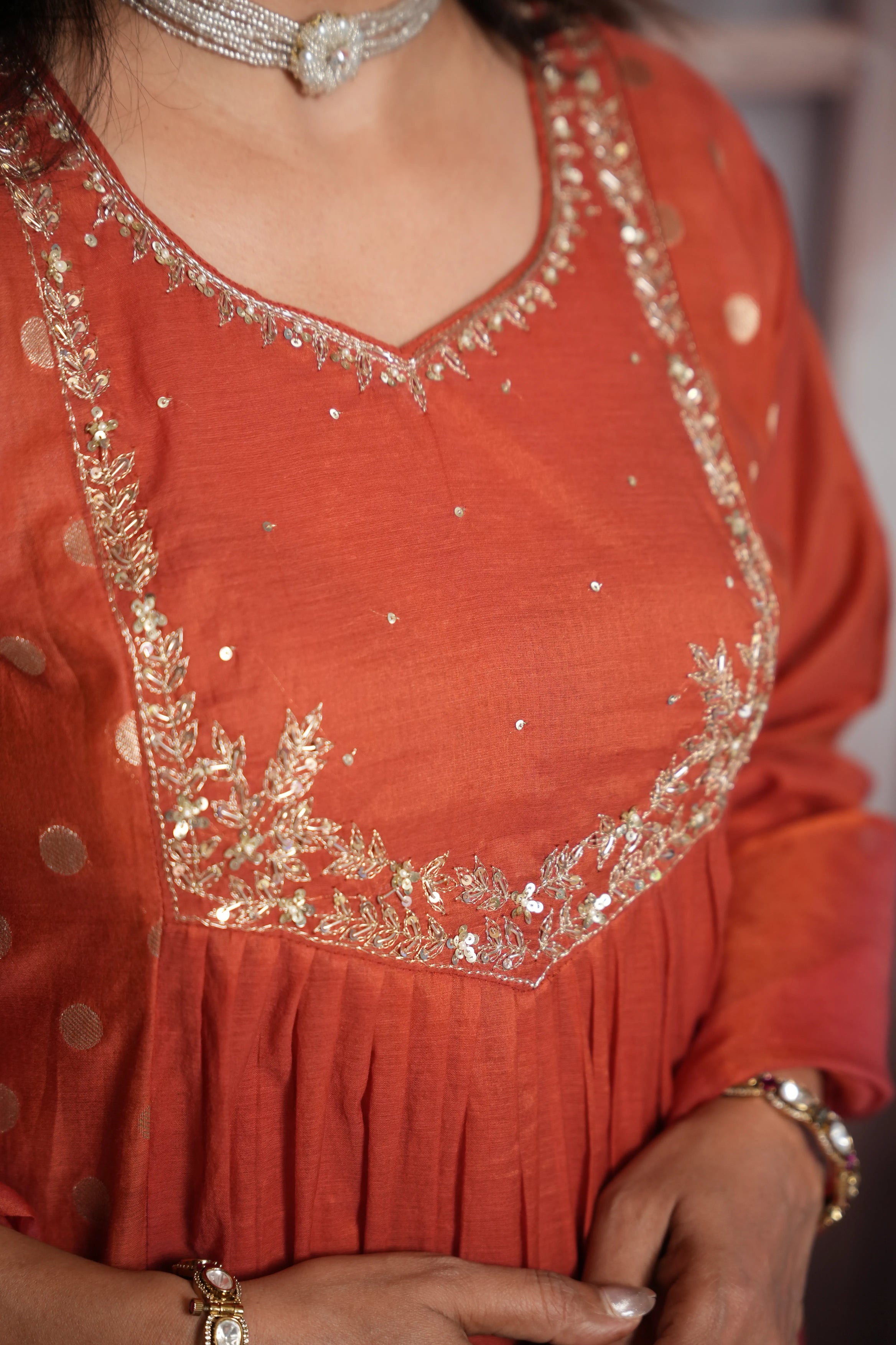 Rust A-Line Kurta Dupatta Set | Mul Chanderi