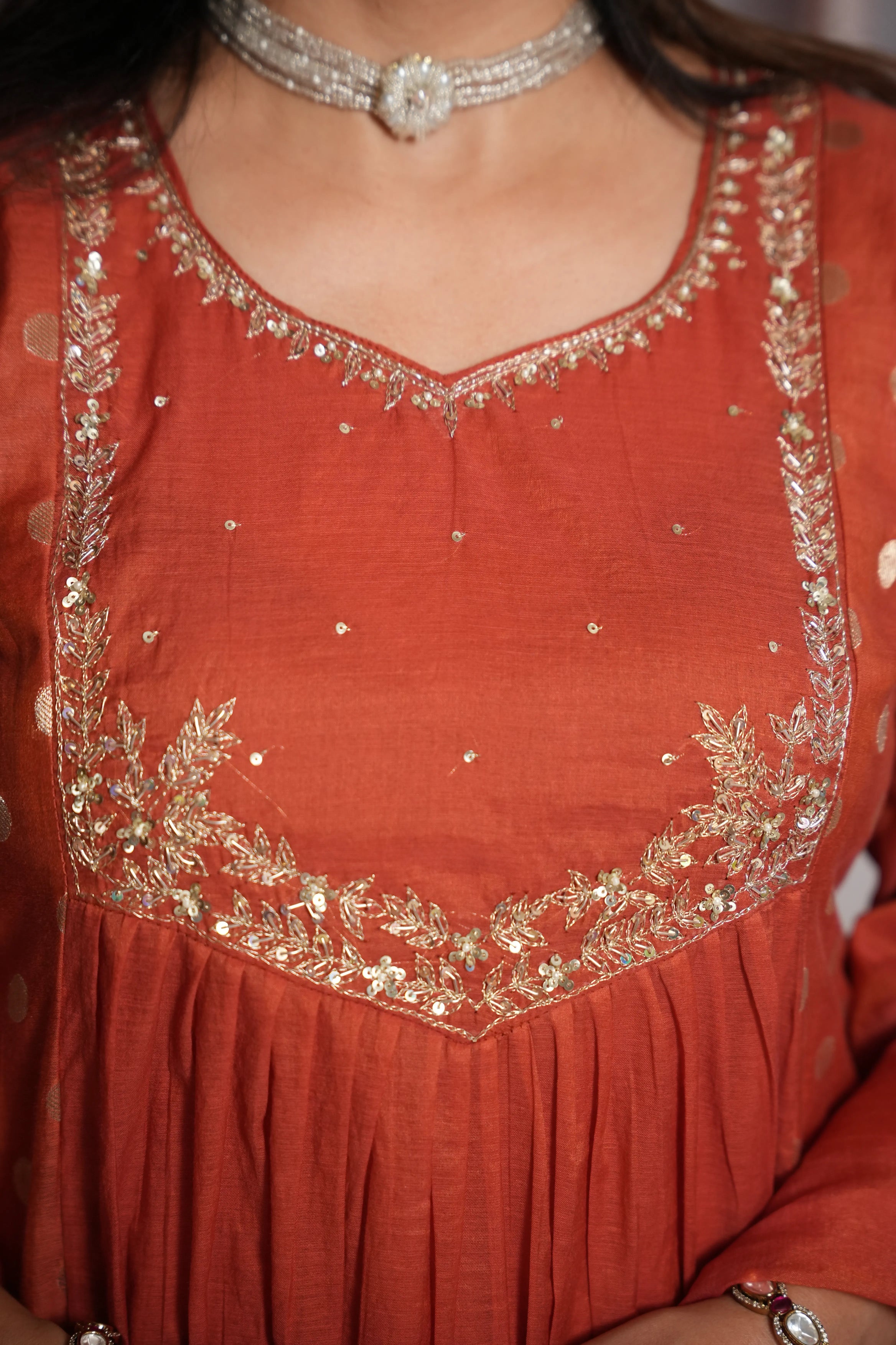 Rust A-Line Kurta Dupatta Set | Mul Chanderi