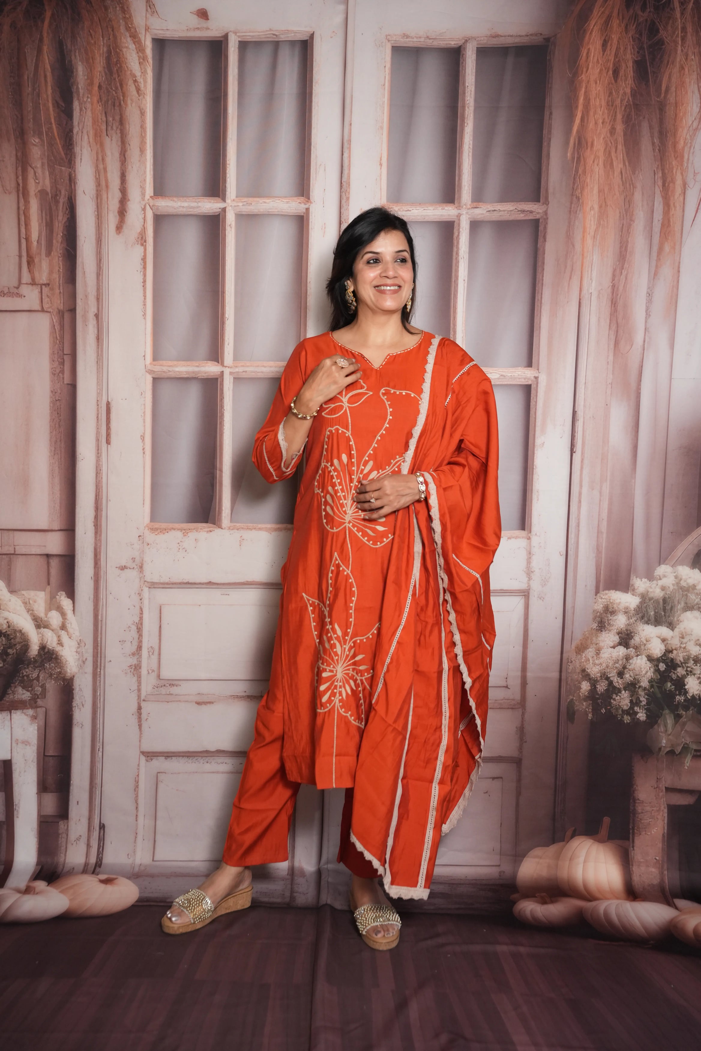 Rust Orange Kurta Dupatta Set | Muslin Fabric | Sequins & Thread Embroidery