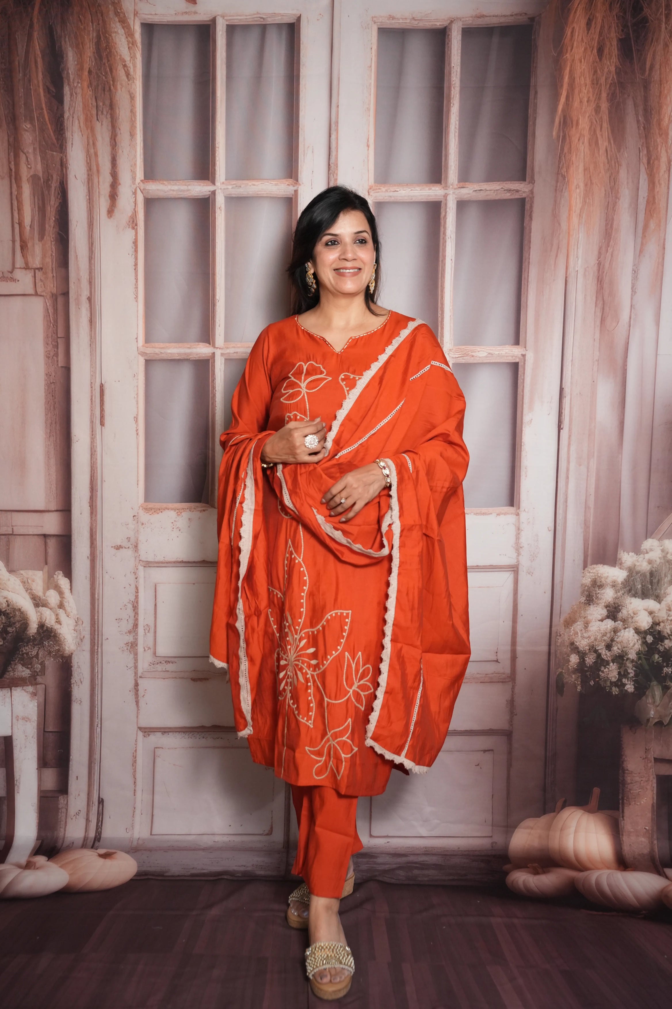 Rust Orange Kurta Dupatta Set | Muslin Fabric | Sequins & Thread Embroidery