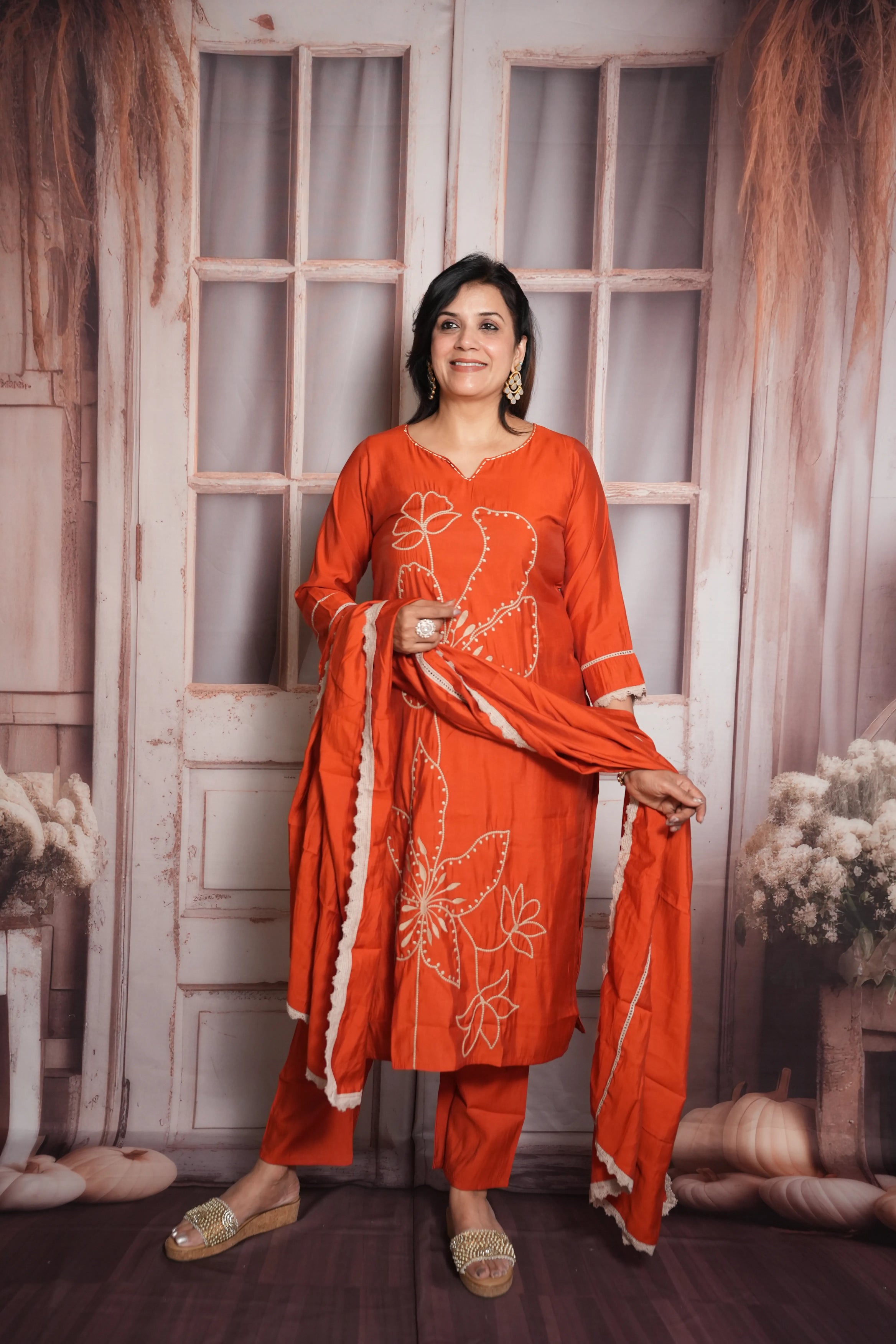 Rust Orange Kurta Dupatta Set | Muslin Fabric | Sequins & Thread Embroidery
