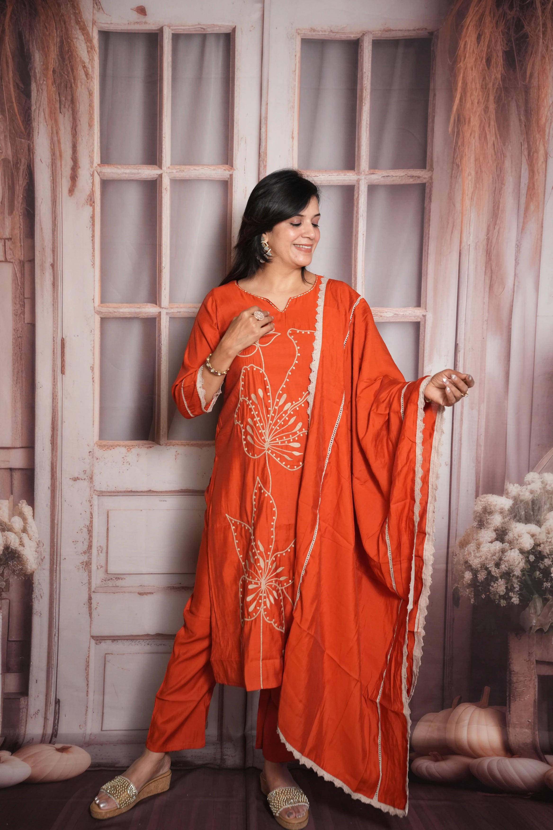 Rust Orange Kurta Dupatta Set | Muslin Fabric | Sequins & Thread Embroidery