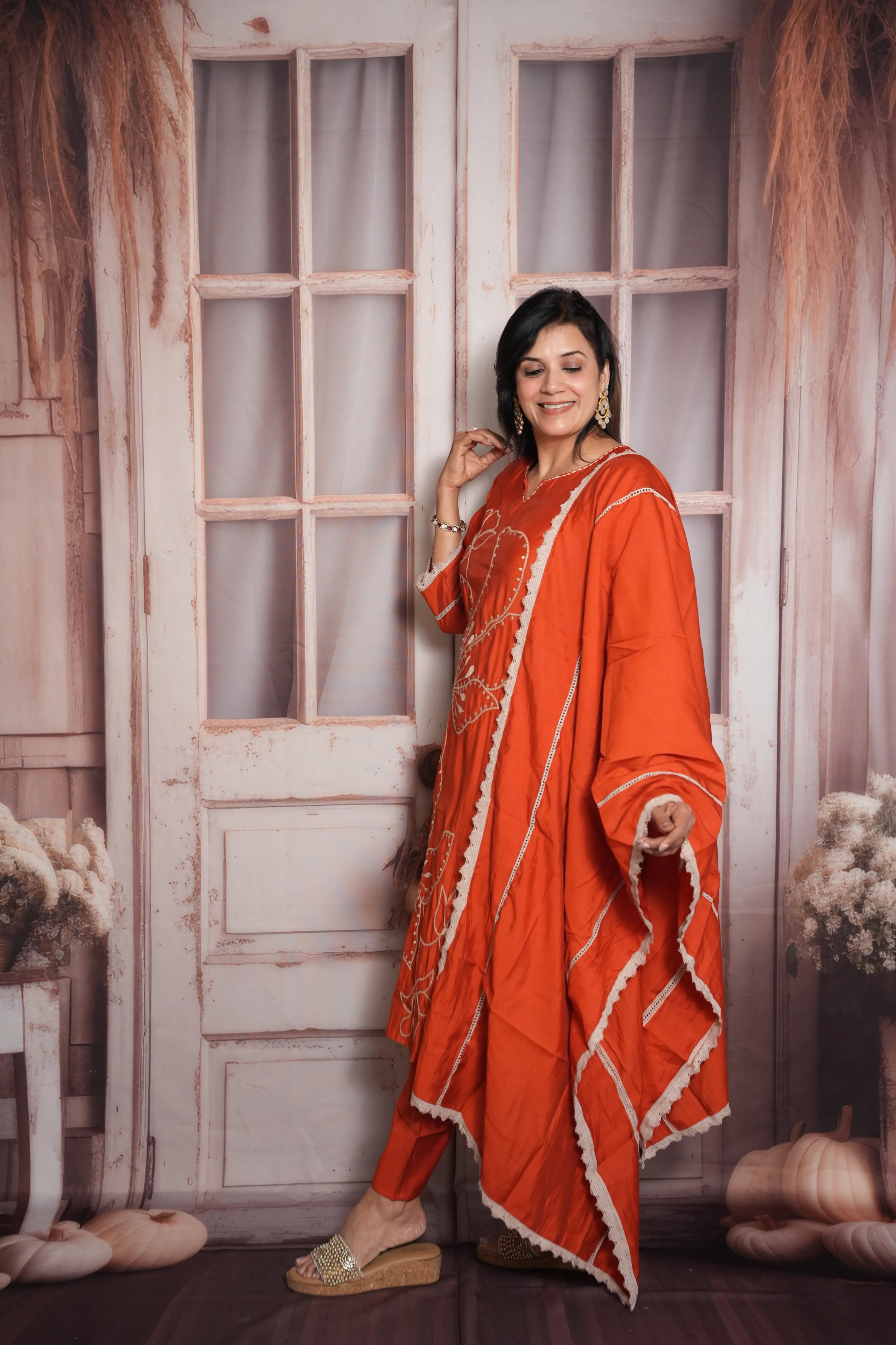 Rust Orange Kurta Dupatta Set | Muslin Fabric | Sequins & Thread Embroidery