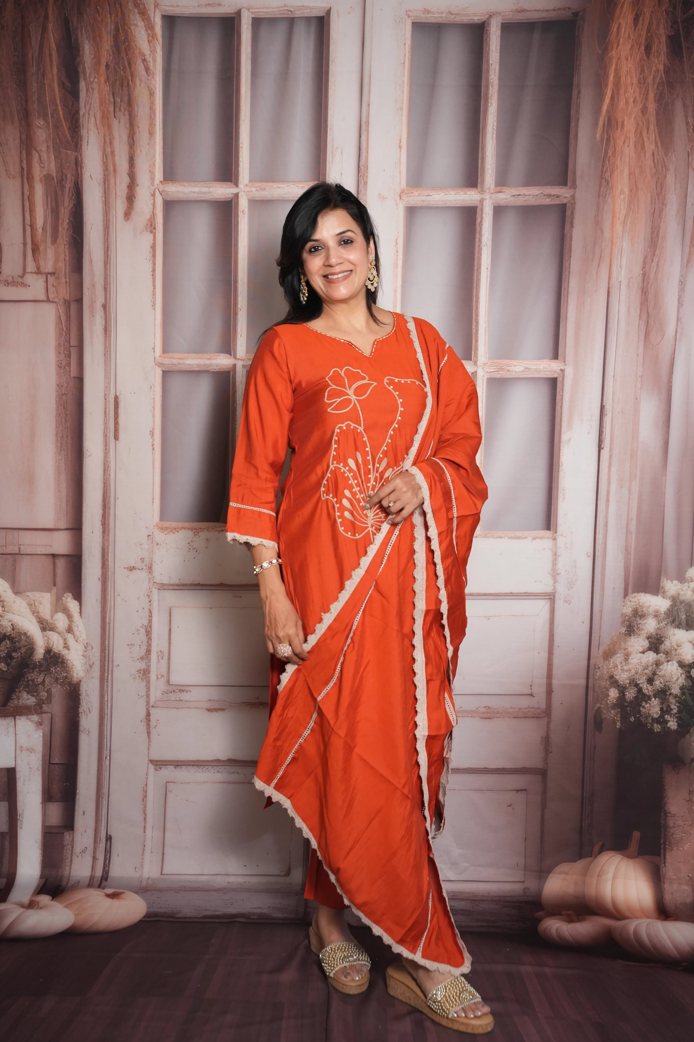 Rust Orange Kurta Dupatta Set | Muslin Fabric | Sequins & Thread Embroidery