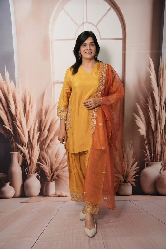 Mustard & Red Pure Silk Farsi Salwar Suit Dupatta Set | Zari Work Ethnic Wear