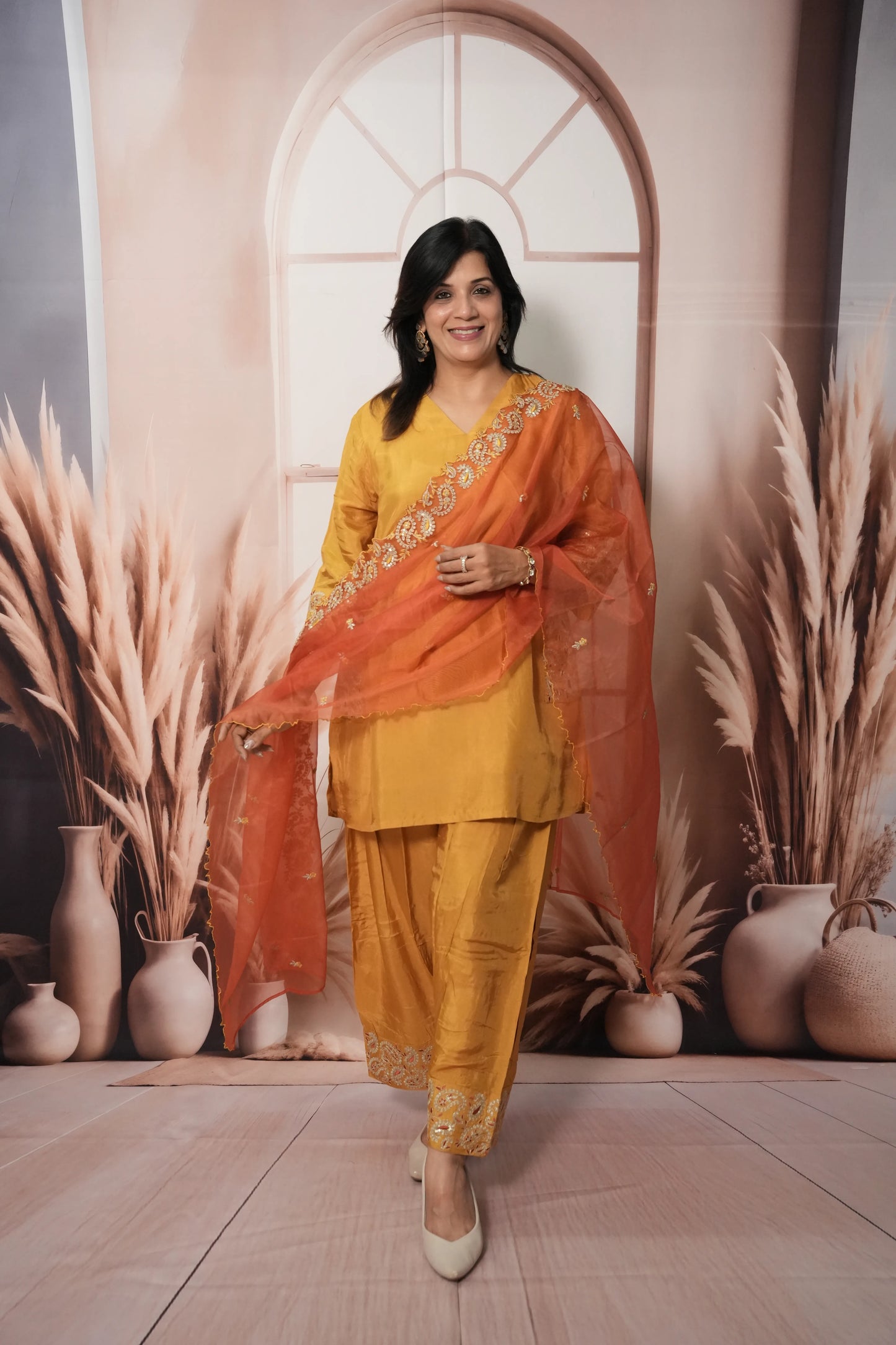 Mustard & Red Pure Silk Farsi Salwar Suit Dupatta Set | Zari Work Ethnic Wear