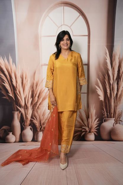 Mustard & Red Pure Silk Farsi Salwar Suit Dupatta Set | Zari Work Ethnic Wear
