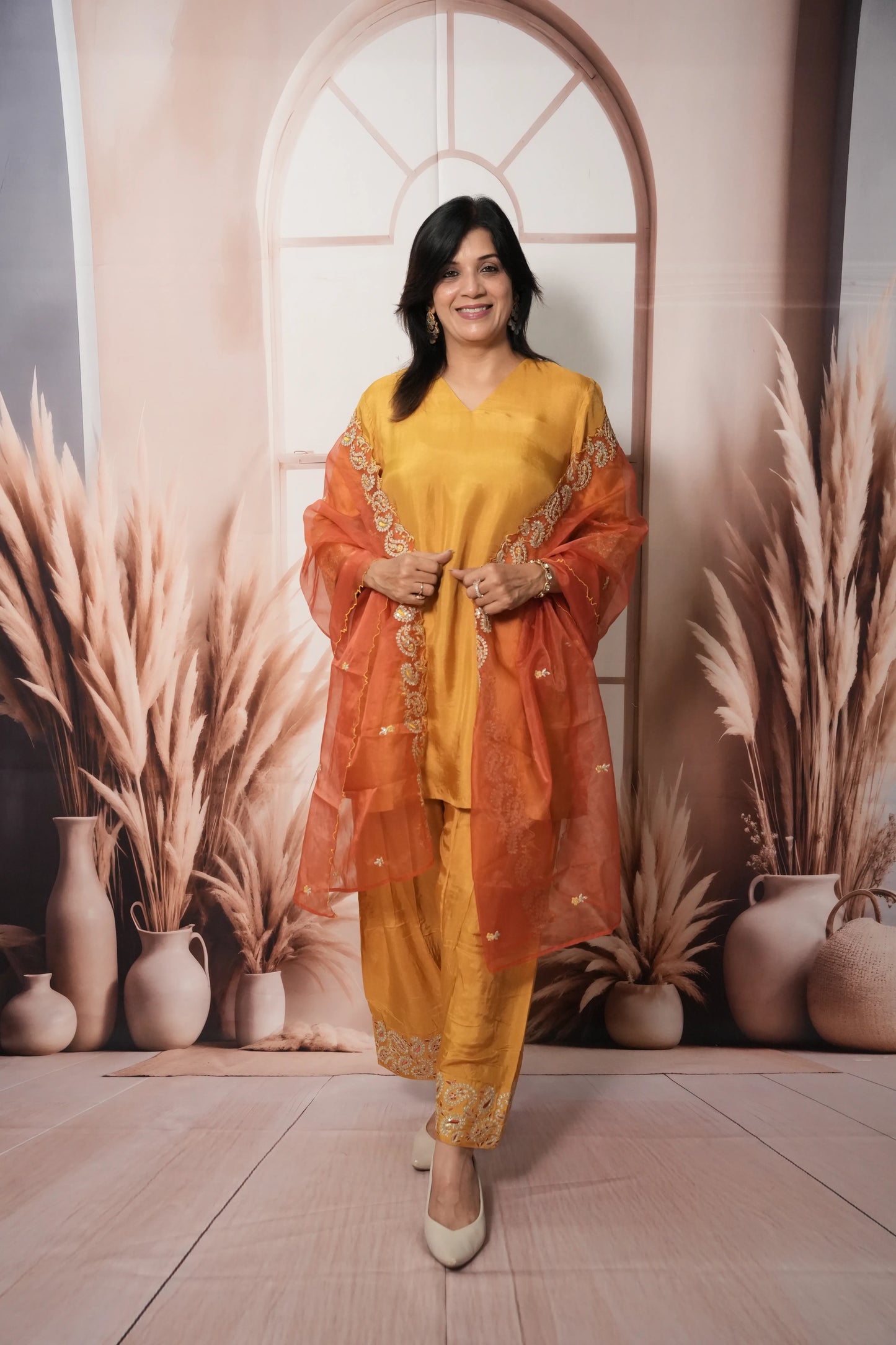 Mustard & Red Pure Silk Farsi Salwar Suit Dupatta Set | Zari Work Ethnic Wear