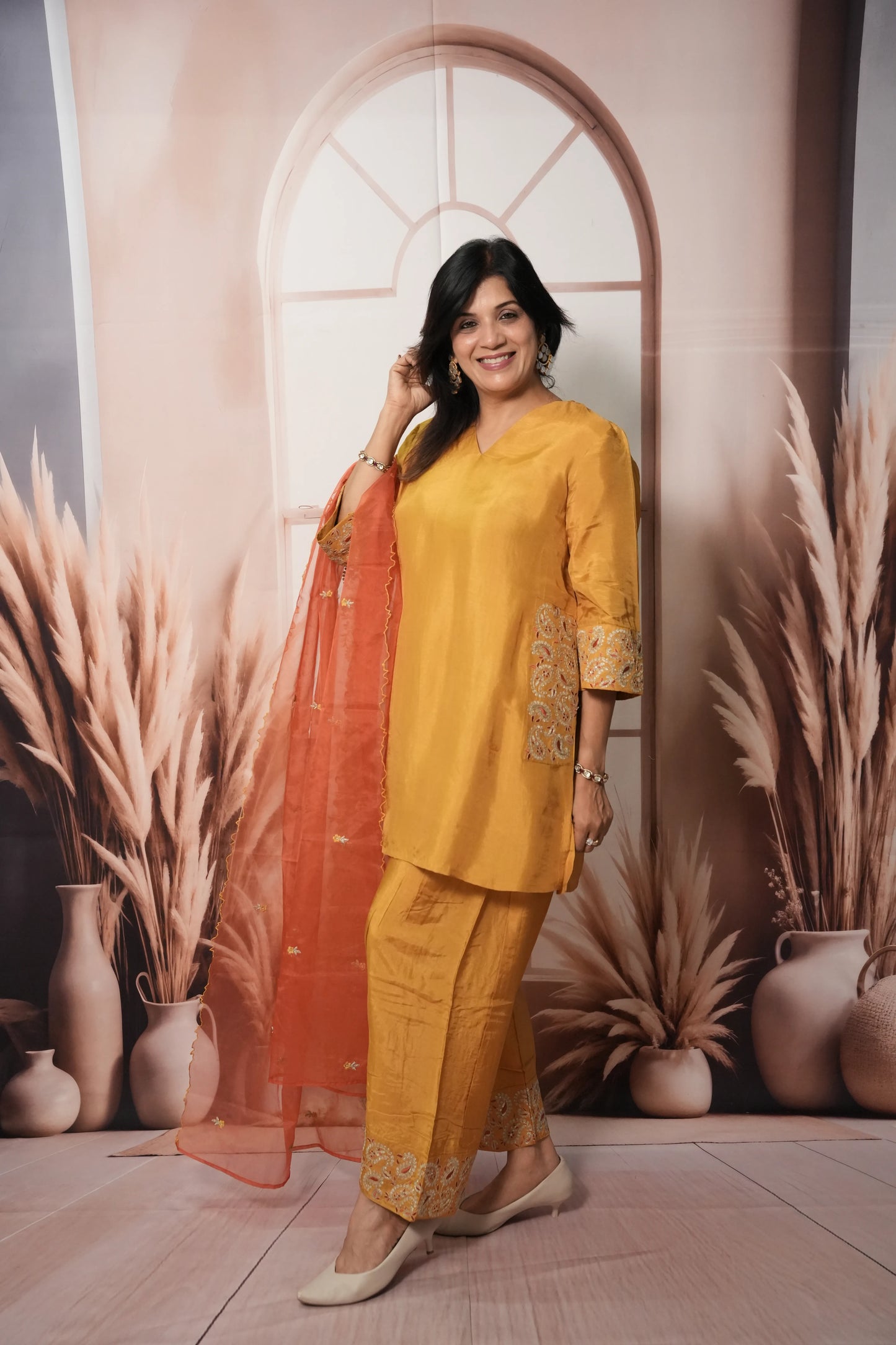 Mustard & Red Pure Silk Farsi Salwar Suit Dupatta Set | Zari Work Ethnic Wear