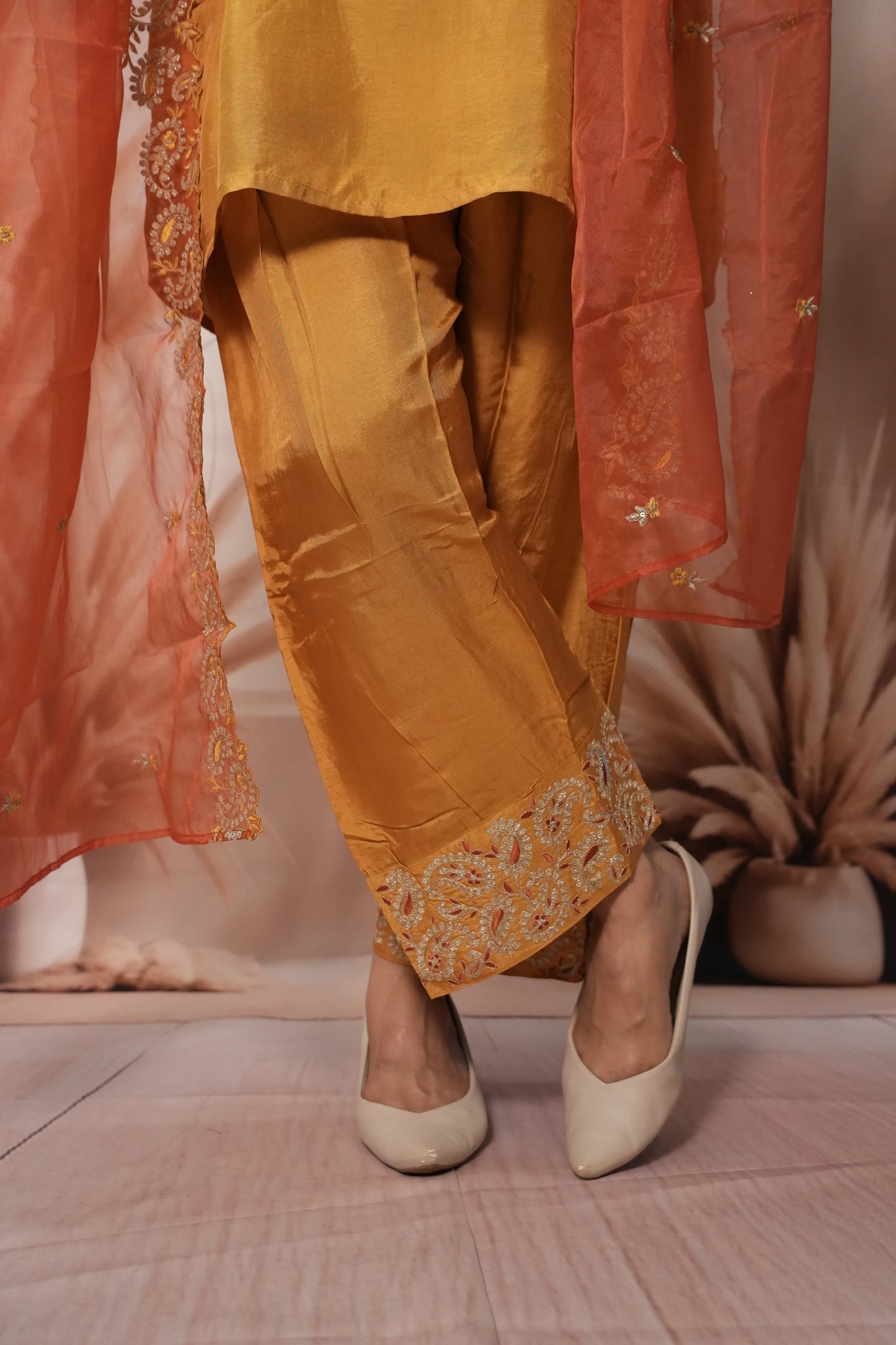 Mustard & Red Pure Silk Farsi Salwar Suit Dupatta Set | Zari Work Ethnic Wear