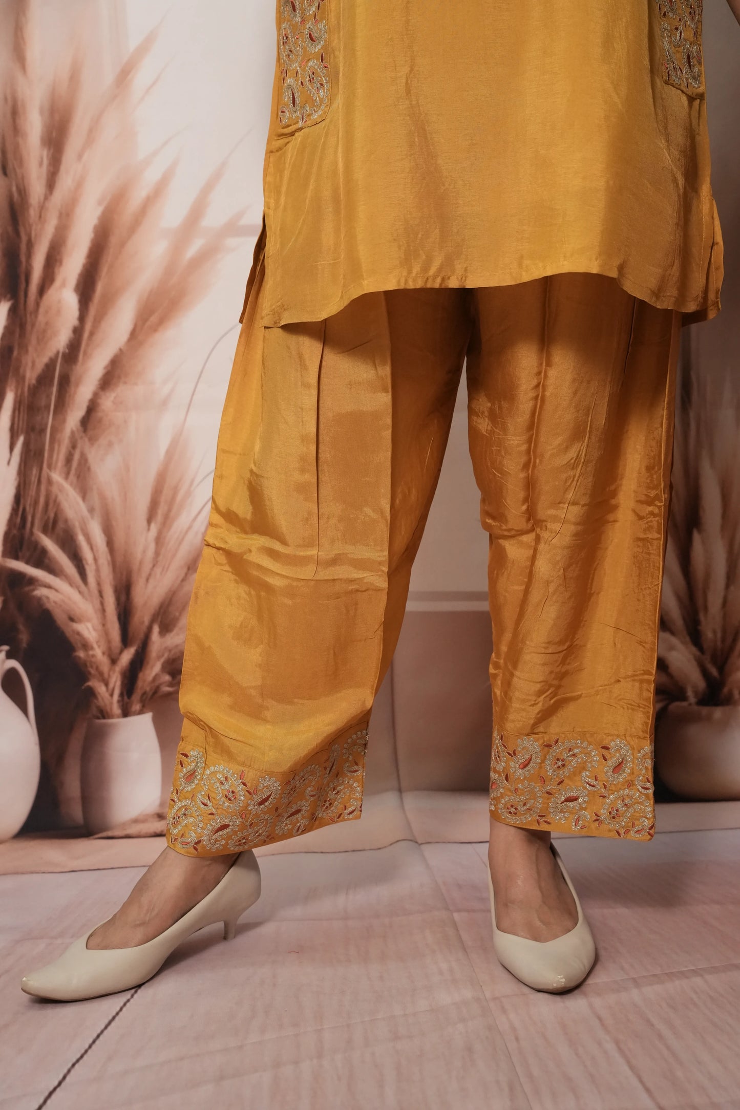 Mustard & Red Pure Silk Farsi Salwar Suit Dupatta Set | Zari Work Ethnic Wear