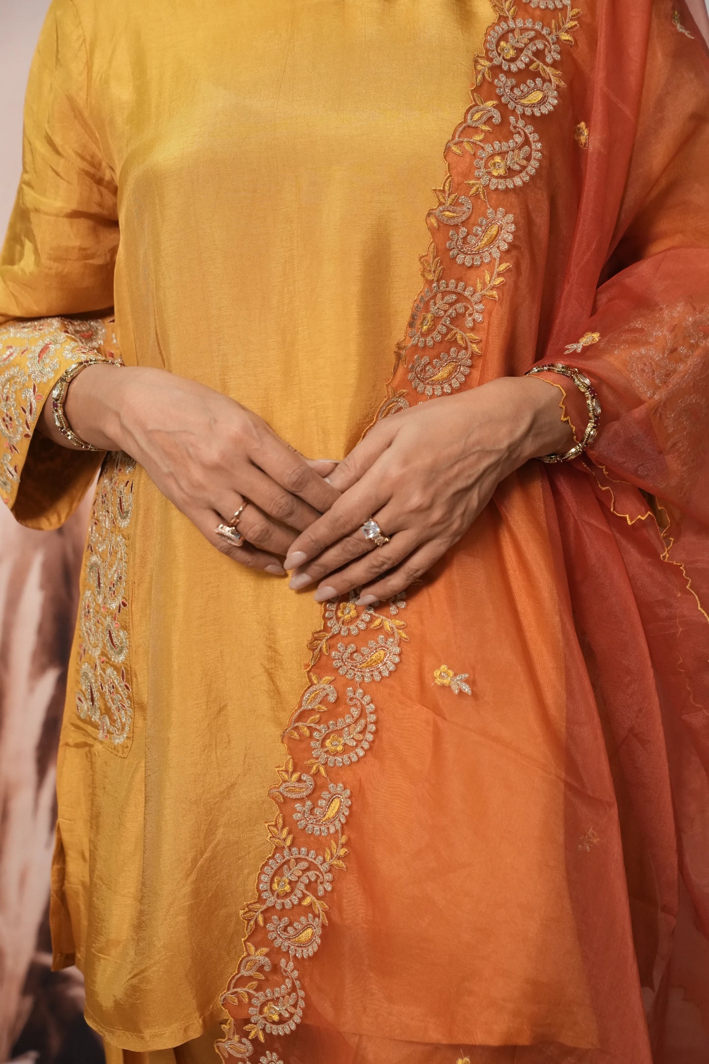 Mustard & Red Pure Silk Farsi Salwar Suit Dupatta Set | Zari Work Ethnic Wear