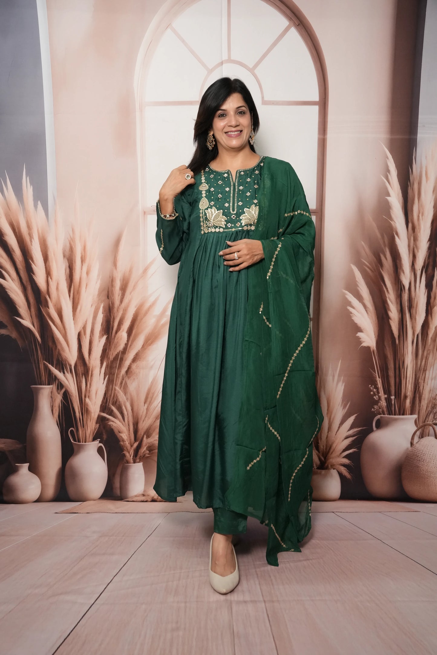 Bottle Green Pure Silk A-Line Kurta Dupatta Set | Mirror & Sequin Embroidery Work