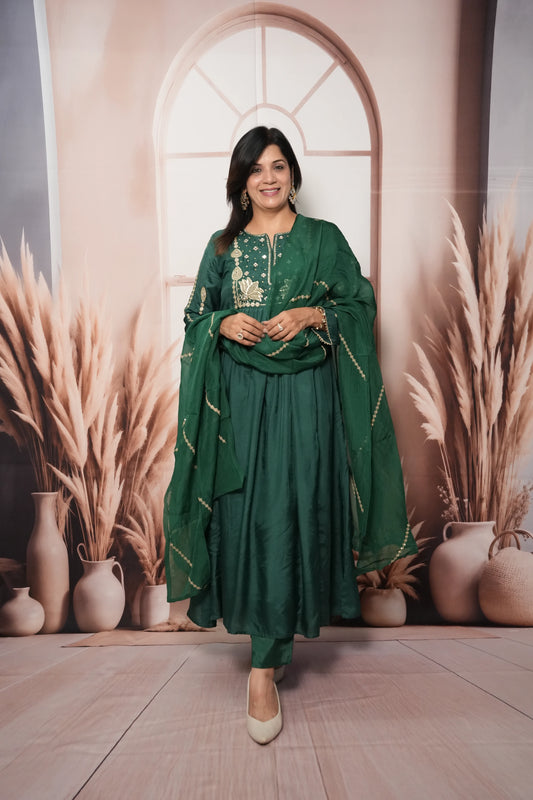 Bottle Green Pure Silk A-Line Kurta Dupatta Set | Mirror & Sequin Embroidery Work